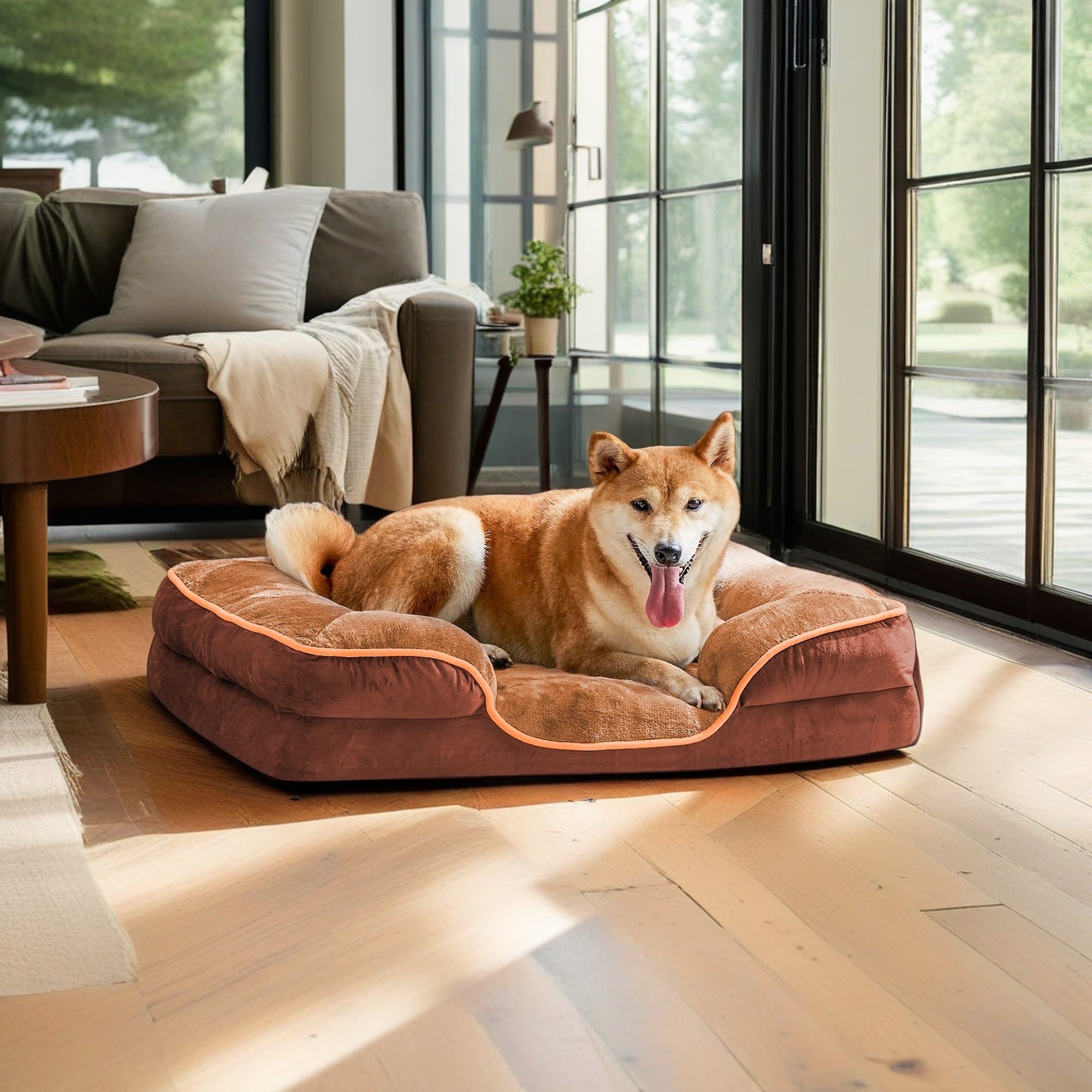 Pefilos 42"x32" Orthopedic Dog Beds, Waterproof Memory Foam Dog Sofa Bed with Sides, Non-Slip Bottom Pet Bed with Washable Removable Cover, Brown