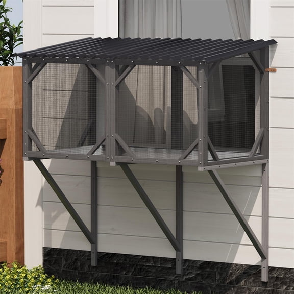 Pefilos 43.3" Cat Window Box, Outdoor Catio Enclosure with Bug-Proof Net, Polyester,Wood+Metal Material, Gray - for Large Indoor Cats
