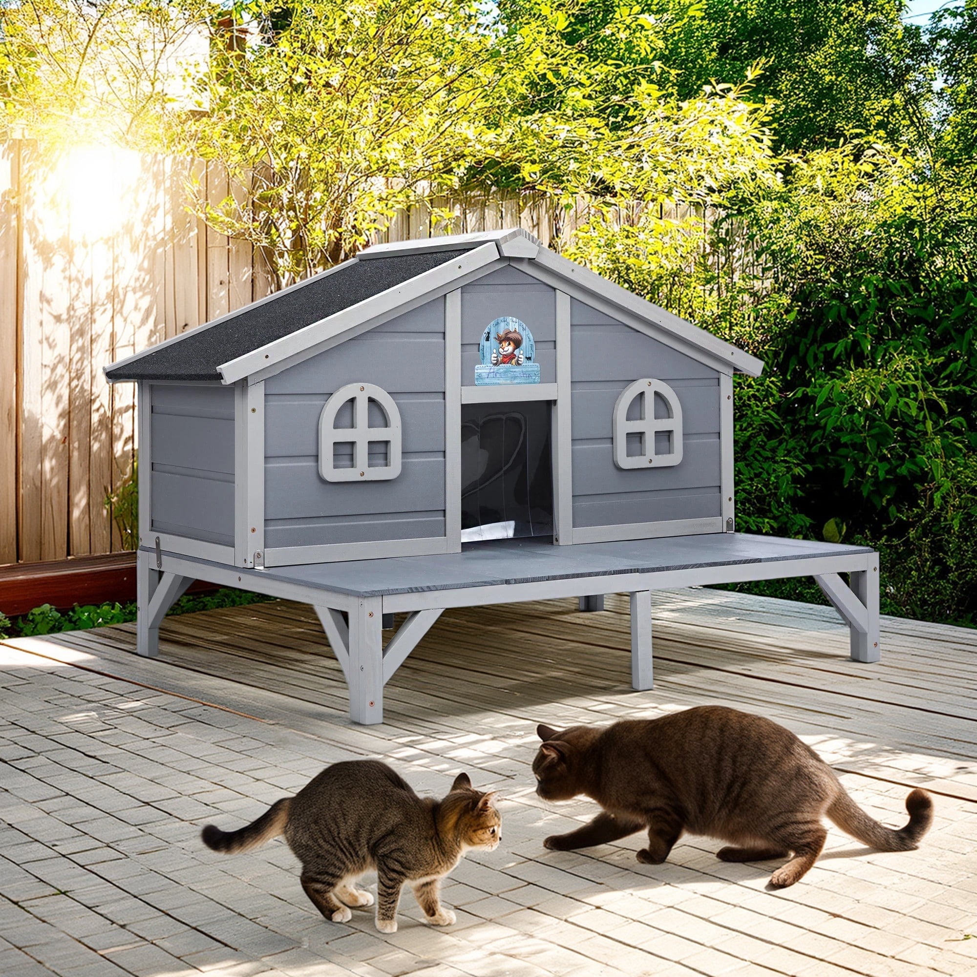 Pefilos 43" All Weather Wooden Cat House for Indoor and Outdoor Weatherproof Cat Shelter with Escape Door, Fringe Curtains, Gray