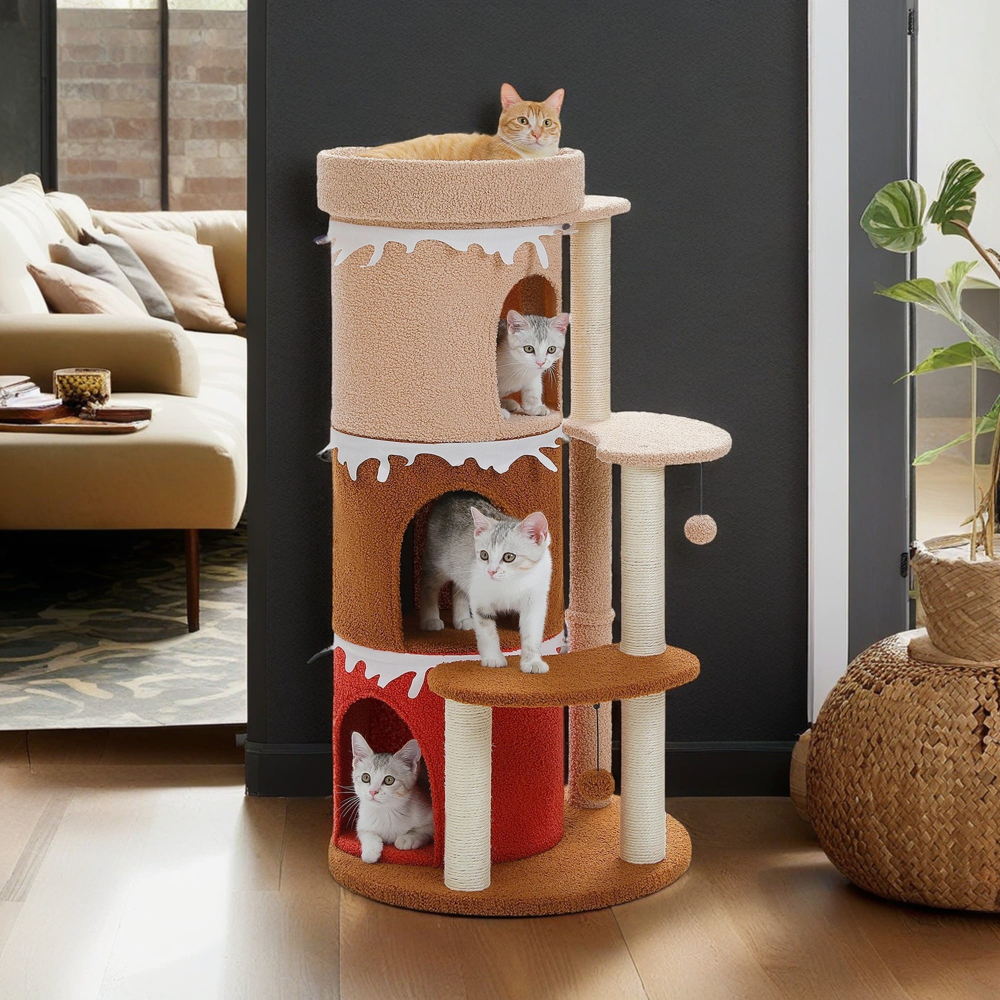 Pefilos 43" Cat Tree Tower for Indoor Cats, Cat Tree House with 3 Cat Condos, Platform, Scratching Posts, Hanging Ball, Cat Climbing Frame Bed, Brown Pefilos 43" Cat Tree Tower for Indoor Cats, Cat Tree House with 3 Cat Condos, Platform, Scratching Posts, Hanging Ball, Cat Climbing Frame Bed, Brown