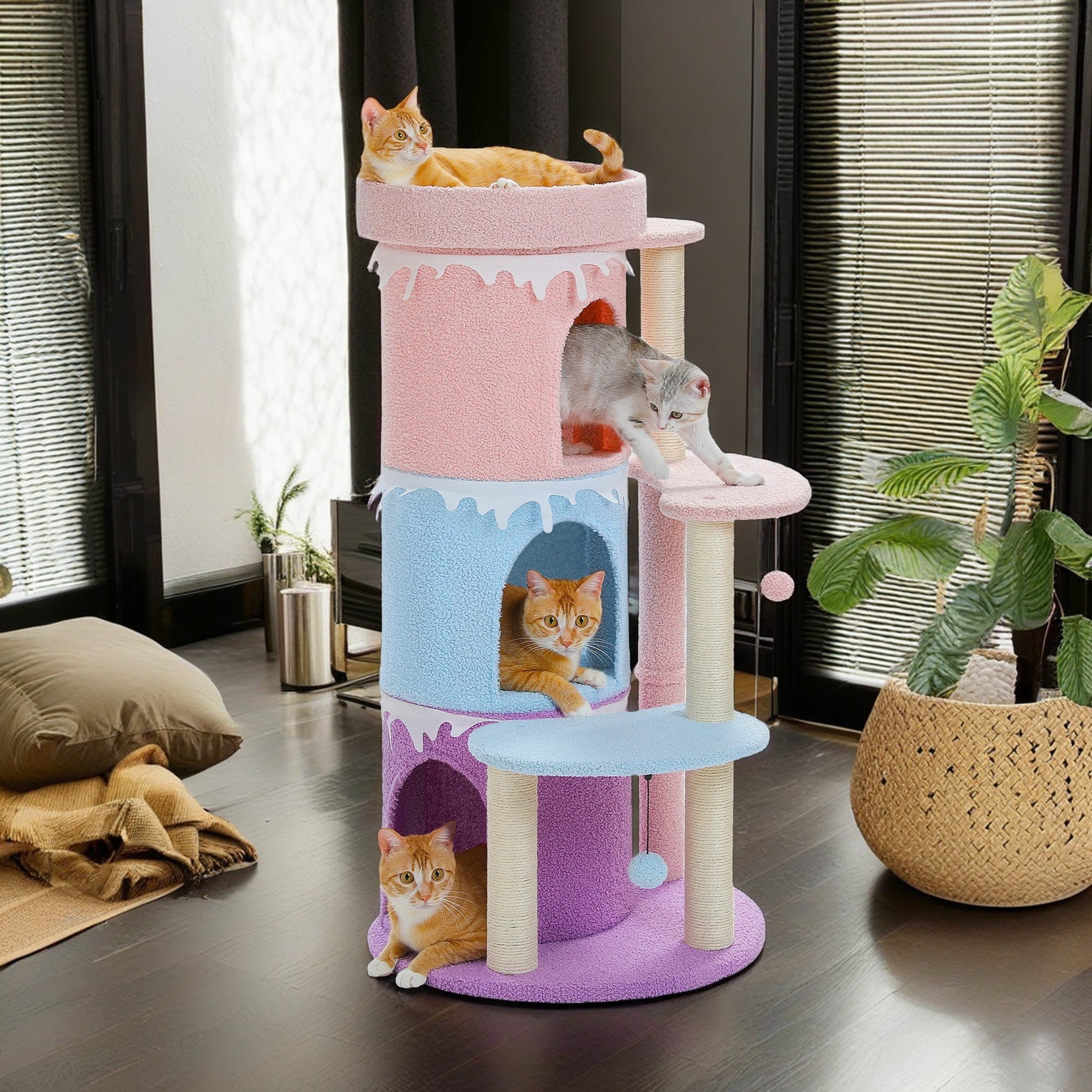 Pefilos 43" Cat Tree Tower for Indoor Cats, Cat Tree House with 3 Cat Condos, Platform, Scratching Posts, Hanging Ball, Cat Climbing Frame Bed, Pink Pefilos 43" Cat Tree Tower for Indoor Cats, Cat Tree House with 3 Cat Condos, Platform, Scratching Posts, Hanging Ball, Cat Climbing Frame Bed, Pink