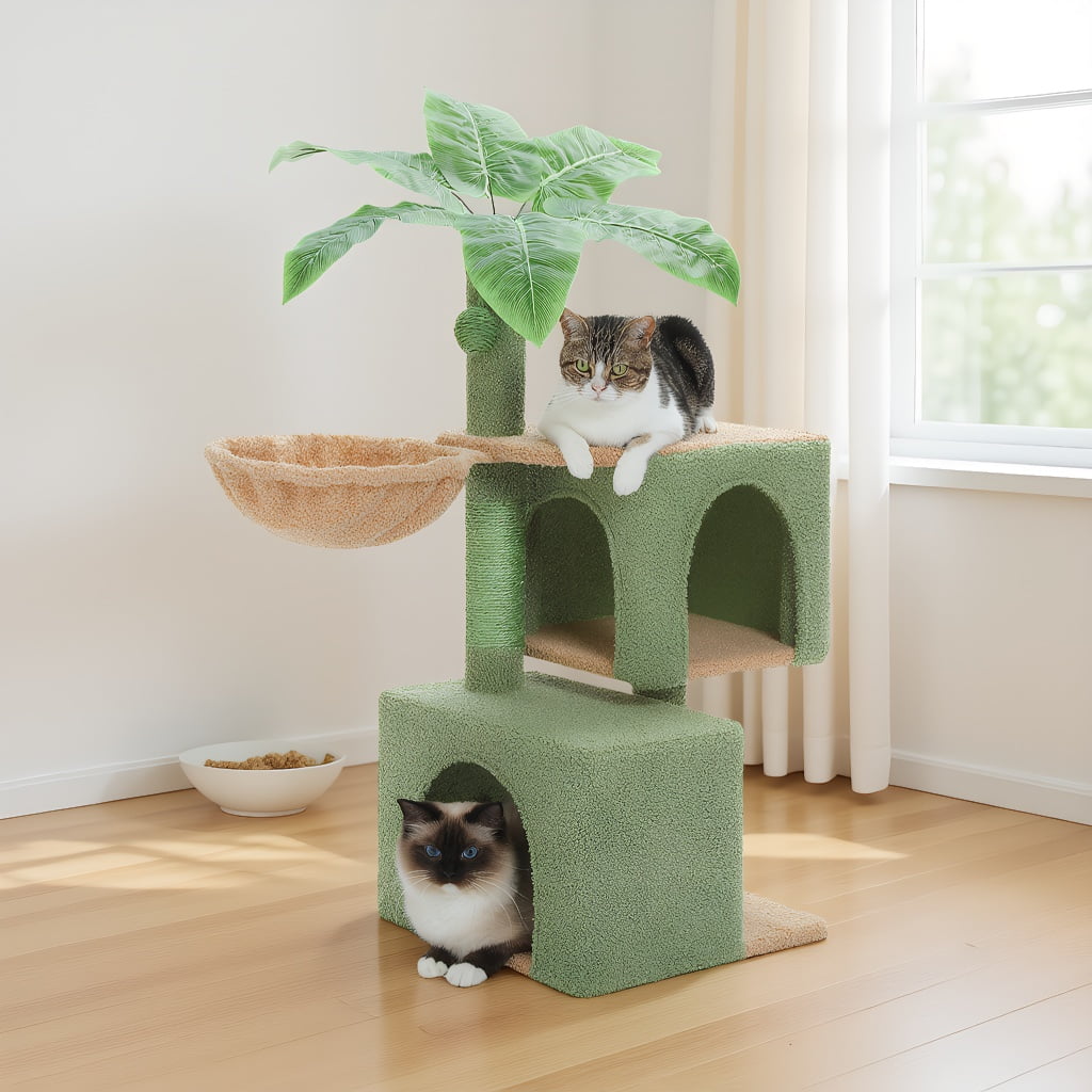 Pefilos 43" Cat Tree for Indoor Cats, Cat Tower Climbing Tree with Cat Scratching Posts, 2 Condos and Hammock, Activity Tree for Kittens, Green