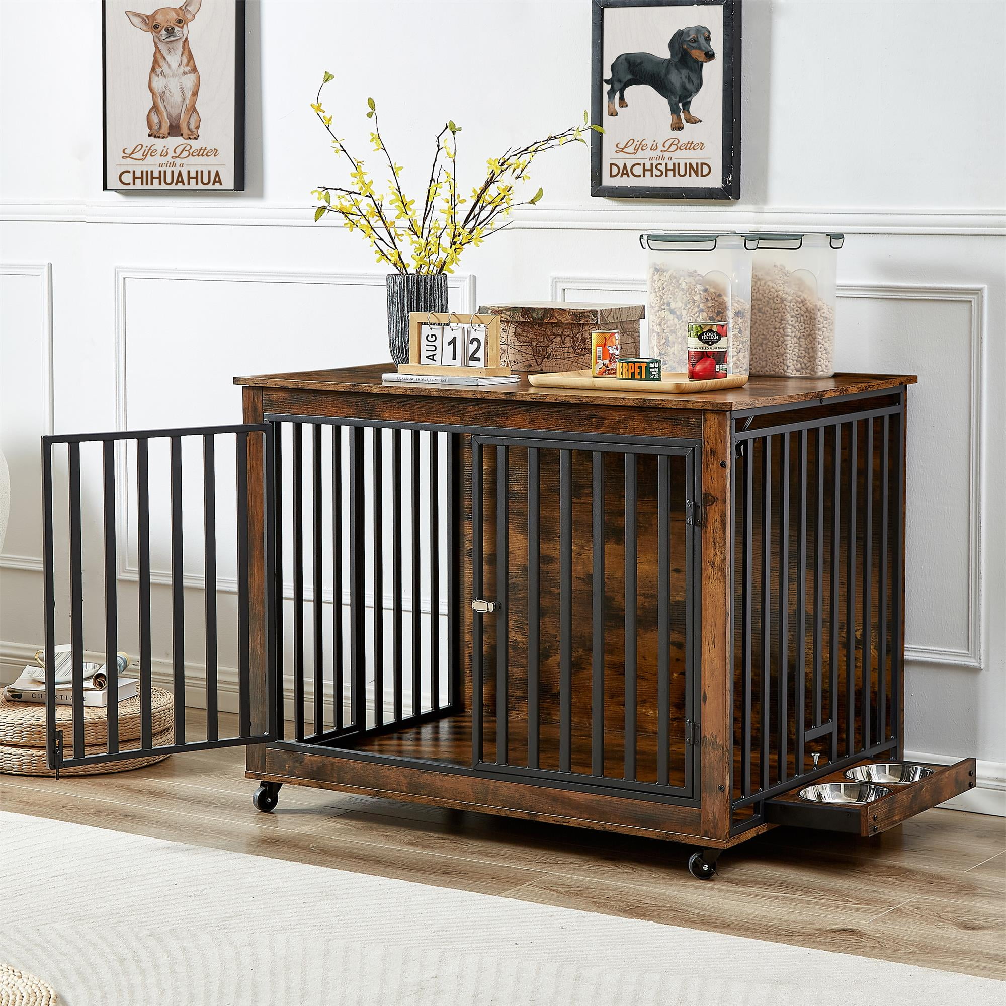 Pefilos 43" Dog Crate with Feeding Bowl, Wheels, Three Doors Kennel Flip-Up Top Opening, Furniture Style Dog Cage for Indoor Dogs, Brown Pefilos 43" Dog Crate with Feeding Bowl, Wheels, Three Doors Kennel Flip-Up Top Opening, Furniture Style Dog Cage for Indoor Dogs, Brown