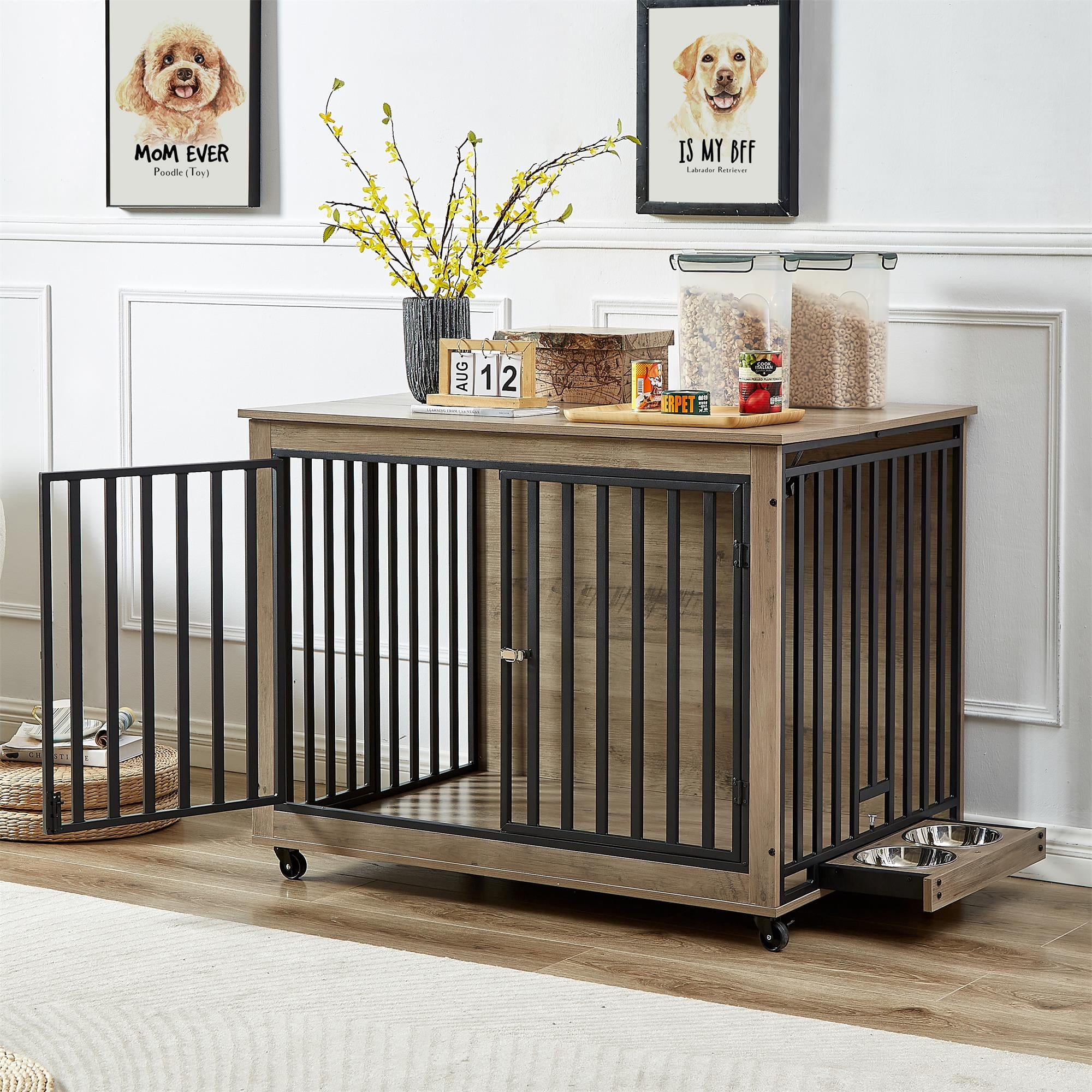 Pefilos 43" Dog Crate with Feeding Bowl, Wheels, Three Doors Kennel Flip-Up Top Opening, Furniture Style Dog Cage for Indoor Dogs, Gray Pefilos 43" Dog Crate with Feeding Bowl, Wheels, Three Doors Kennel Flip-Up Top Opening, Furniture Style Dog Cage for Indoor Dogs, Gray
