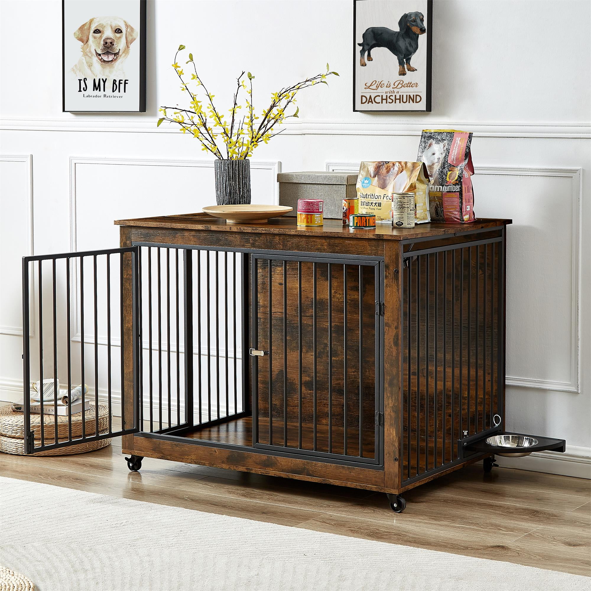 Pefilos 43" Dog Crate with Rotatable Feeding Bowl, Wheels, Three Doors Kennel Flip-Up Top Opening, Furniture Style Dog Cage for Indoor Dogs, Brown Pefilos 43" Dog Crate with Rotatable Feeding Bowl, Wheels, Three Doors Kennel Flip-Up Top Opening, Furniture Style Dog Cage for Indoor Dogs, Brown