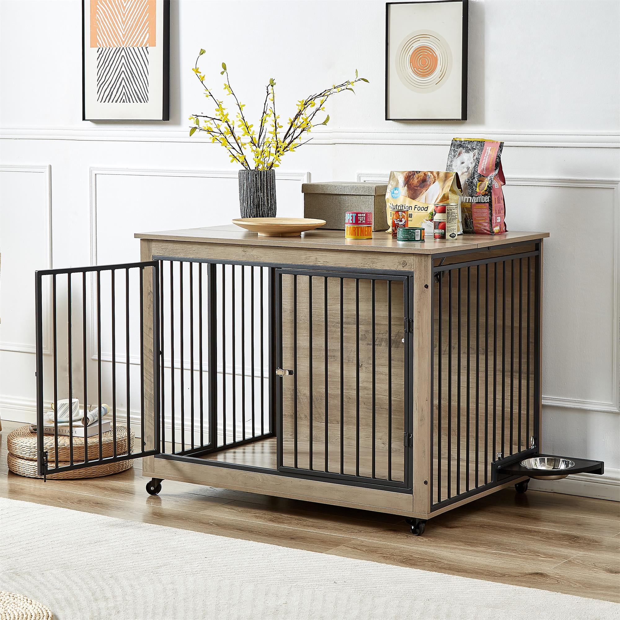 Pefilos 43" Dog Crate with Rotatable Feeding Bowl, Wheels, Three Doors Kennel Flip-Up Top Opening, Furniture Style Dog Cage for Indoor Dogs, Gray Pefilos 43" Dog Crate with Rotatable Feeding Bowl, Wheels, Three Doors Kennel Flip-Up Top Opening, Furniture Style Dog Cage for Indoor Dogs, Gray
