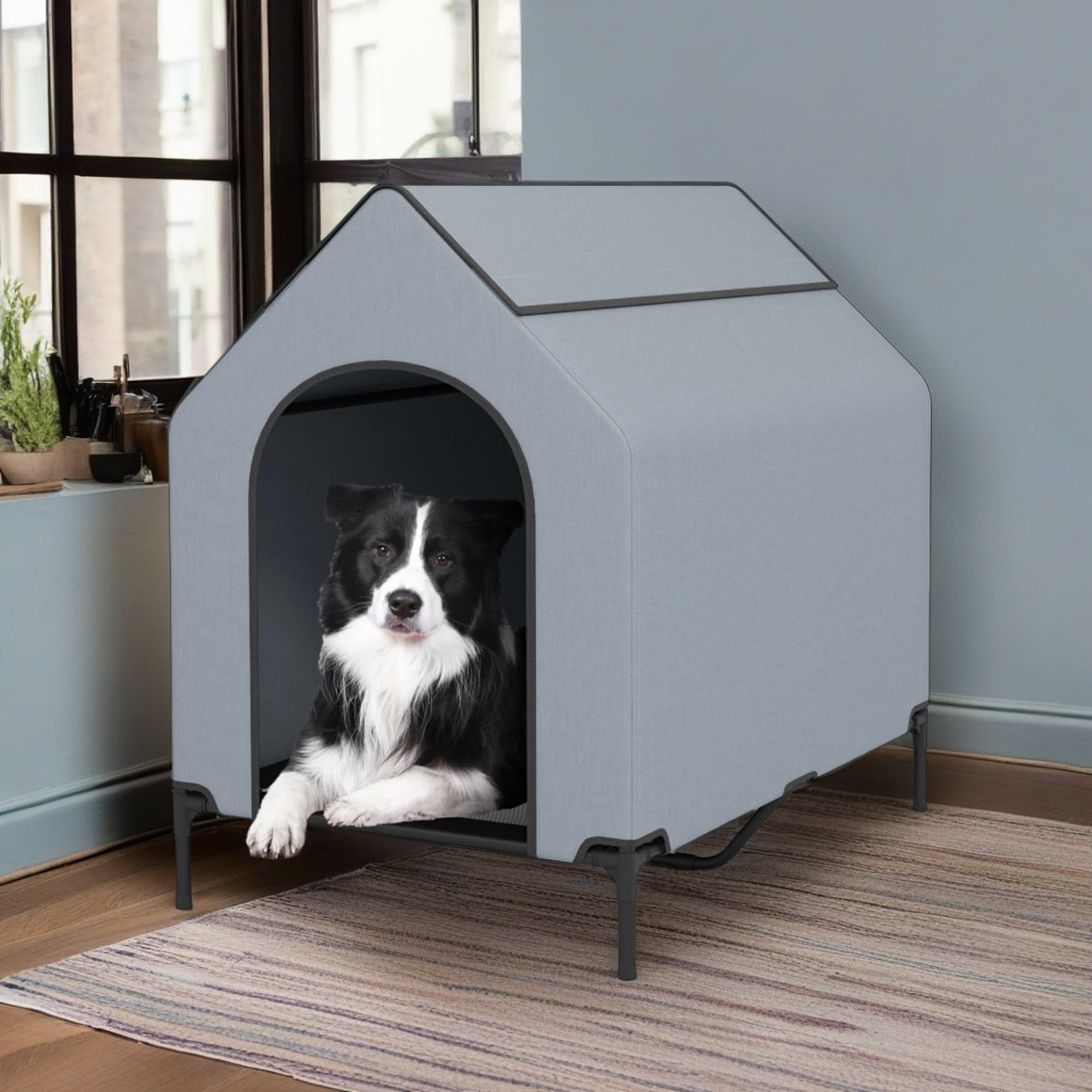 Pefilos 43" Dog House for Middle Dogs Indoor or Outside, Weatherproof 600D PVC Dog Kennel Outdoor with Ventilated Windows, Elevated Dog Cooling Bed, Gray Pefilos 43" Dog House for Middle Dogs Indoor or Outside, Weatherproof 600D PVC Dog Kennel Outdoor with Ventilated Windows, Elevated Dog Cooling Bed, Gray