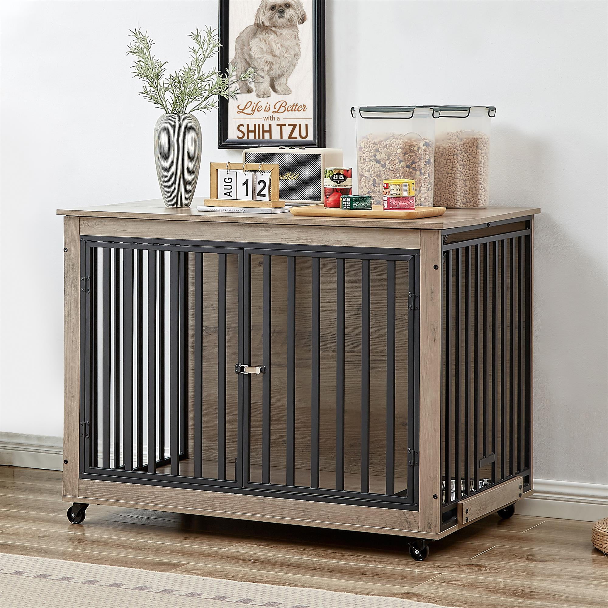 Pefilos 43" Furniture Style Dog Crate with Feeding Bowl, Wheels, Three Doors Kennel, Indoor Dog Cage Flip-Up Top Opening, Gray Pefilos 43" Furniture Style Dog Crate with Feeding Bowl, Wheels, Three Doors Kennel, Indoor Dog Cage Flip-Up Top Opening, Gray