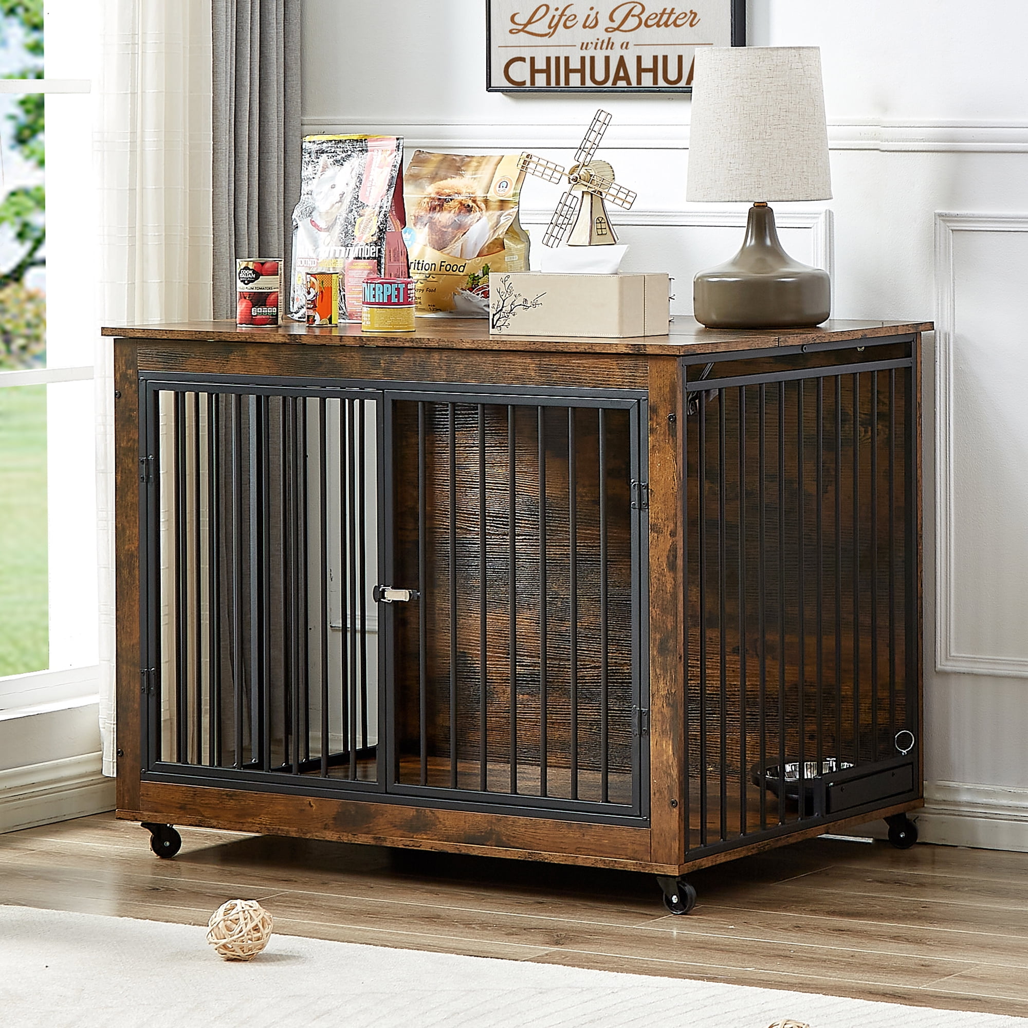 Pefilos 43" Furniture Style Dog Crate with Rotatable Feeding Bowl, Wheels, Three Doors Kennel, Indoor Dog Cage Flip-Up Top Opening, Brown Pefilos 43" Furniture Style Dog Crate with Rotatable Feeding Bowl, Wheels, Three Doors Kennel, Indoor Dog Cage Flip-Up Top Opening, Brown