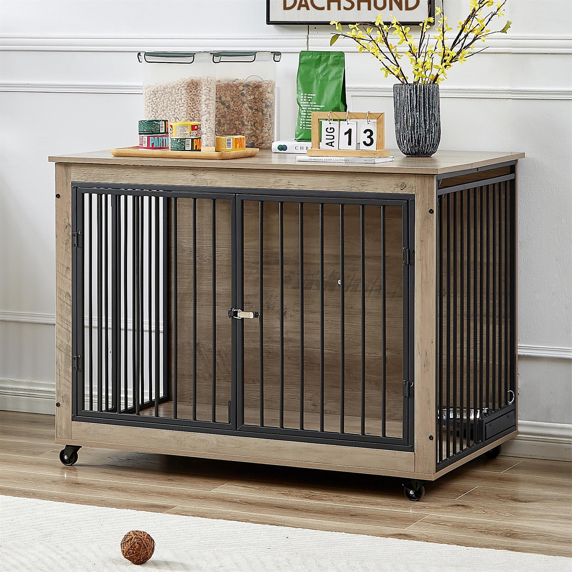 Pefilos 43" Furniture Style Dog Crate with Rotatable Feeding Bowl, Wheels, Three Doors Kennel, Indoor Dog Cage Flip-Up Top Opening, Gray Pefilos 43" Furniture Style Dog Crate with Rotatable Feeding Bowl, Wheels, Three Doors Kennel, Indoor Dog Cage Flip-Up Top Opening, Gray