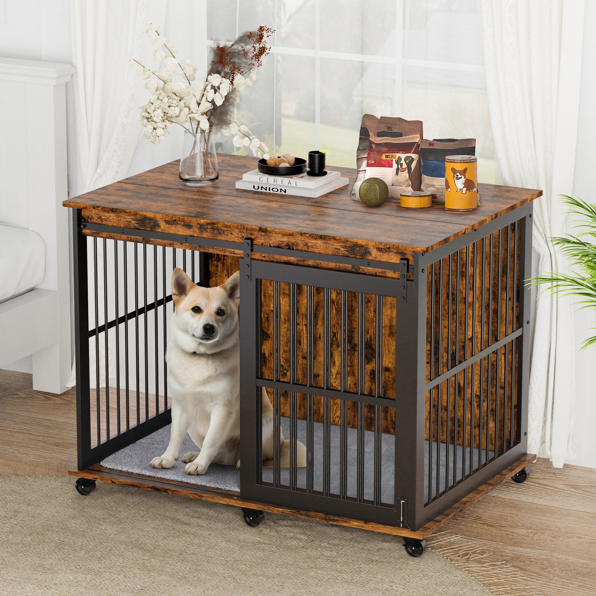 Pefilos 43" Heavy Duty Dog Crate, Furniture Style Dog Cage Sliding Iron Door with Wheels, Mat, Dog House for Indoor Dogs, Brown Pefilos 43" Heavy Duty Dog Crate, Furniture Style Dog Cage Sliding Iron Door with Wheels, Mat, Dog House for Indoor Dogs, Brown