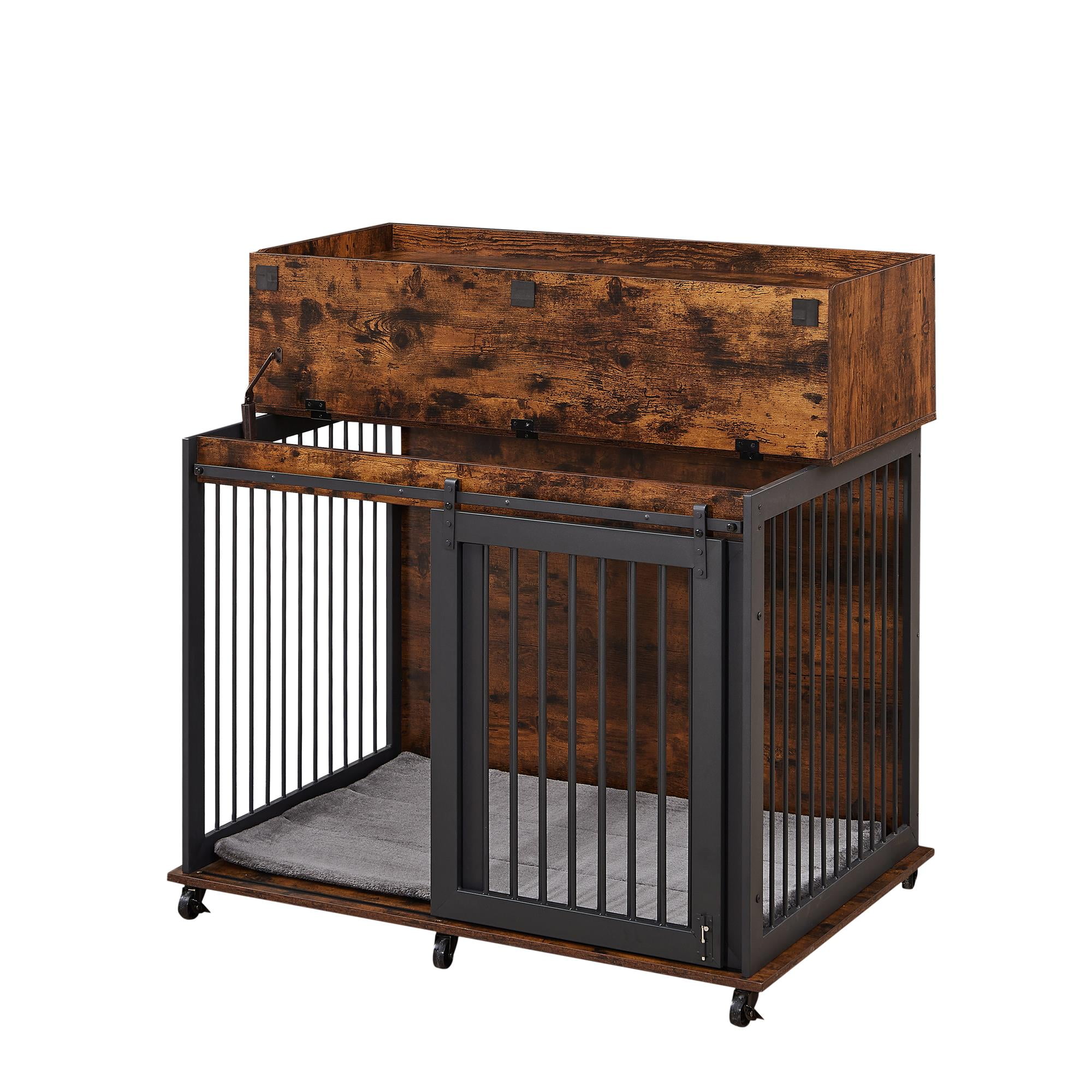 Pefilos 43" Heavy Duty Dog Crate for Medium Dogs with Cabinet, Furniture Style Dog House with Wheels, Indoor Dog Cage Sliding Frame Iron Door with Mat, Brown Pefilos 43" Heavy Duty Dog Crate for Medium Dogs with Cabinet, Furniture Style Dog House with Wheels, Indoor Dog Cage Sliding Frame Iron Door with Mat, Brown