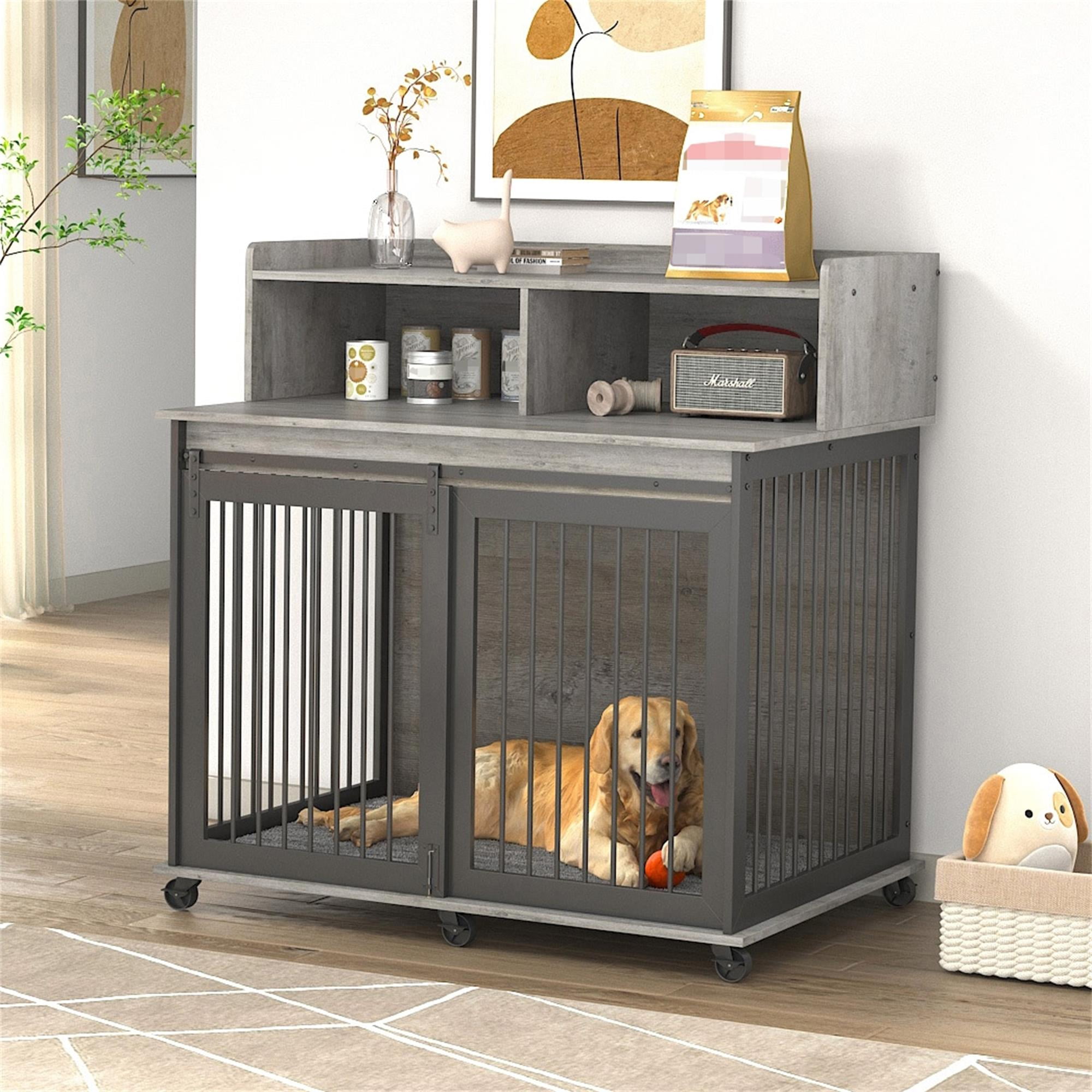 Pefilos 43" Heavy Duty Dog Crate for Medium Dogs with Cabinet, Furniture Style Dog House with Wheels, Indoor Dog Cage Sliding Frame Iron Door with Mat, Gray Pefilos 43" Heavy Duty Dog Crate for Medium Dogs with Cabinet, Furniture Style Dog House with Wheels, Indoor Dog Cage Sliding Frame Iron Door with Mat, Gray