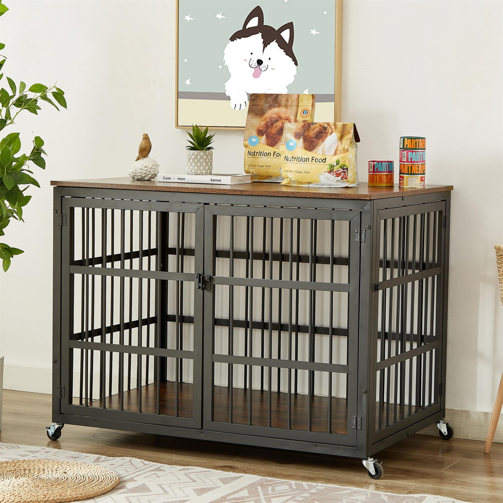 Pefilos 43" Heavy Duty Dog Crate for Small Dogs, Furniture Style Dog House with Wheels, Indoor Dog Cage Wrought Iron Frame Door with Side Openings, Brown Pefilos 43" Heavy Duty Dog Crate for Small Dogs, Furniture Style Dog House with Wheels, Indoor Dog Cage Wrought Iron Frame Door with Side Openings, Brown
