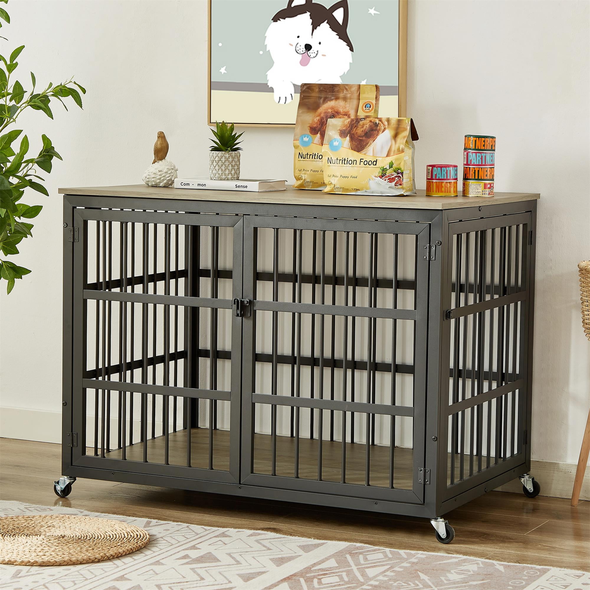 Pefilos 43" Heavy Duty Dog Crate for Small Dogs, Furniture Style Dog House with Wheels, Indoor Dog Cage Wrought Iron Frame Door with Side Openings, Gray Pefilos 43" Heavy Duty Dog Crate for Small Dogs, Furniture Style Dog House with Wheels, Indoor Dog Cage Wrought Iron Frame Door with Side Openings, Gray
