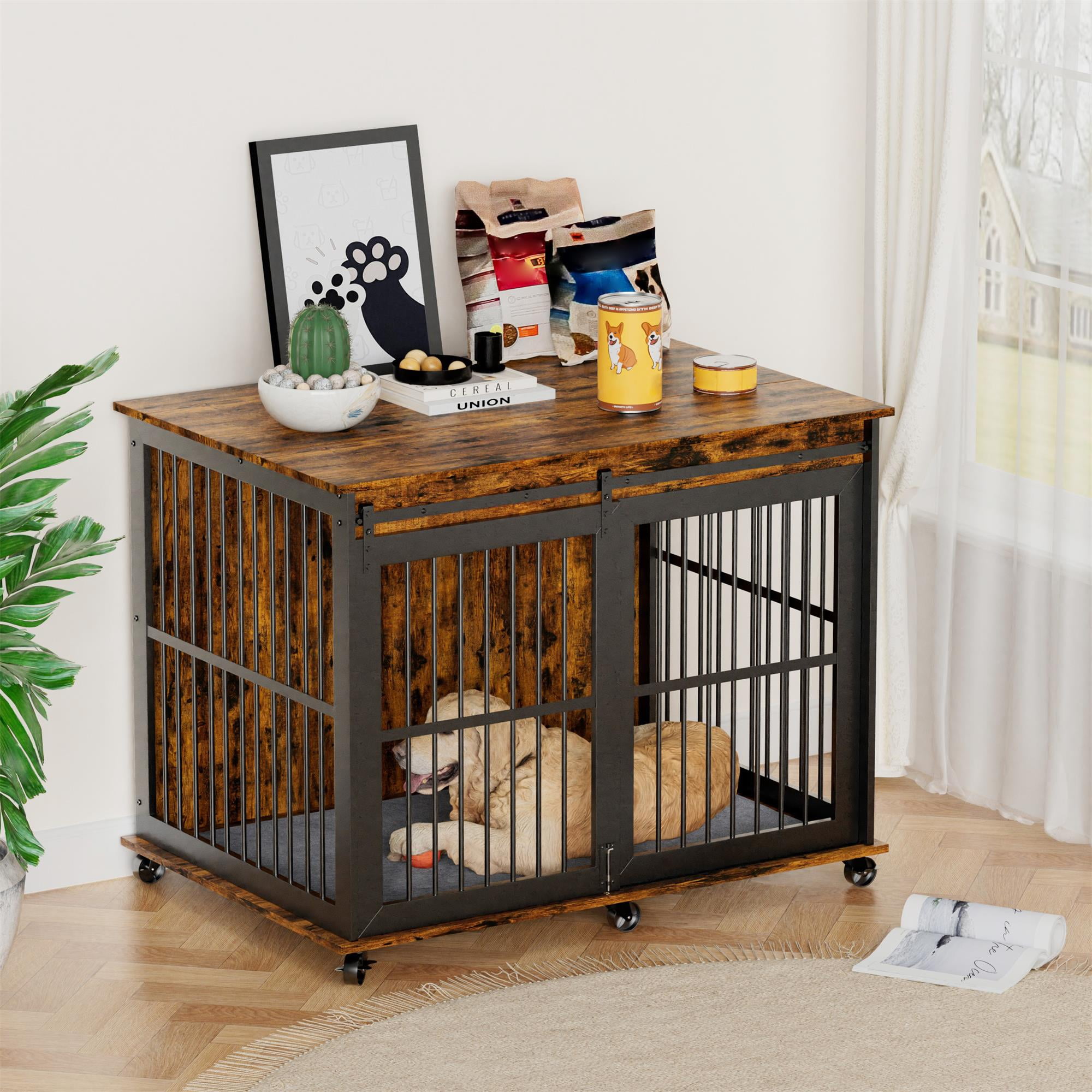Pefilos 43" Heavy Duty Dog Crate for Medium Dogs, Furniture Style Dog House with Wheels, Indoor Dog Cage Sliding Iron Door with Mat, Brown Pefilos 43" Heavy Duty Dog Crate for Medium Dogs, Furniture Style Dog House with Wheels, Indoor Dog Cage Sliding Iron Door with Mat, Brown