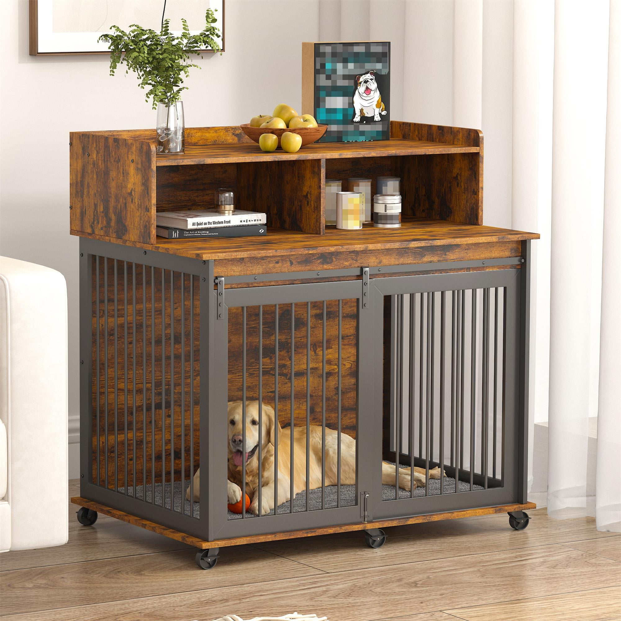 Pefilos 43" Heavy Duty Dog Crate with Cabinet, Furniture Style Dog Cage Sliding Frame Iron Door with Wheels, Mat, Dog House for Indoor Dogs, Brown Pefilos 43" Heavy Duty Dog Crate with Cabinet, Furniture Style Dog Cage Sliding Frame Iron Door with Wheels, Mat, Dog House for Indoor Dogs, Brown