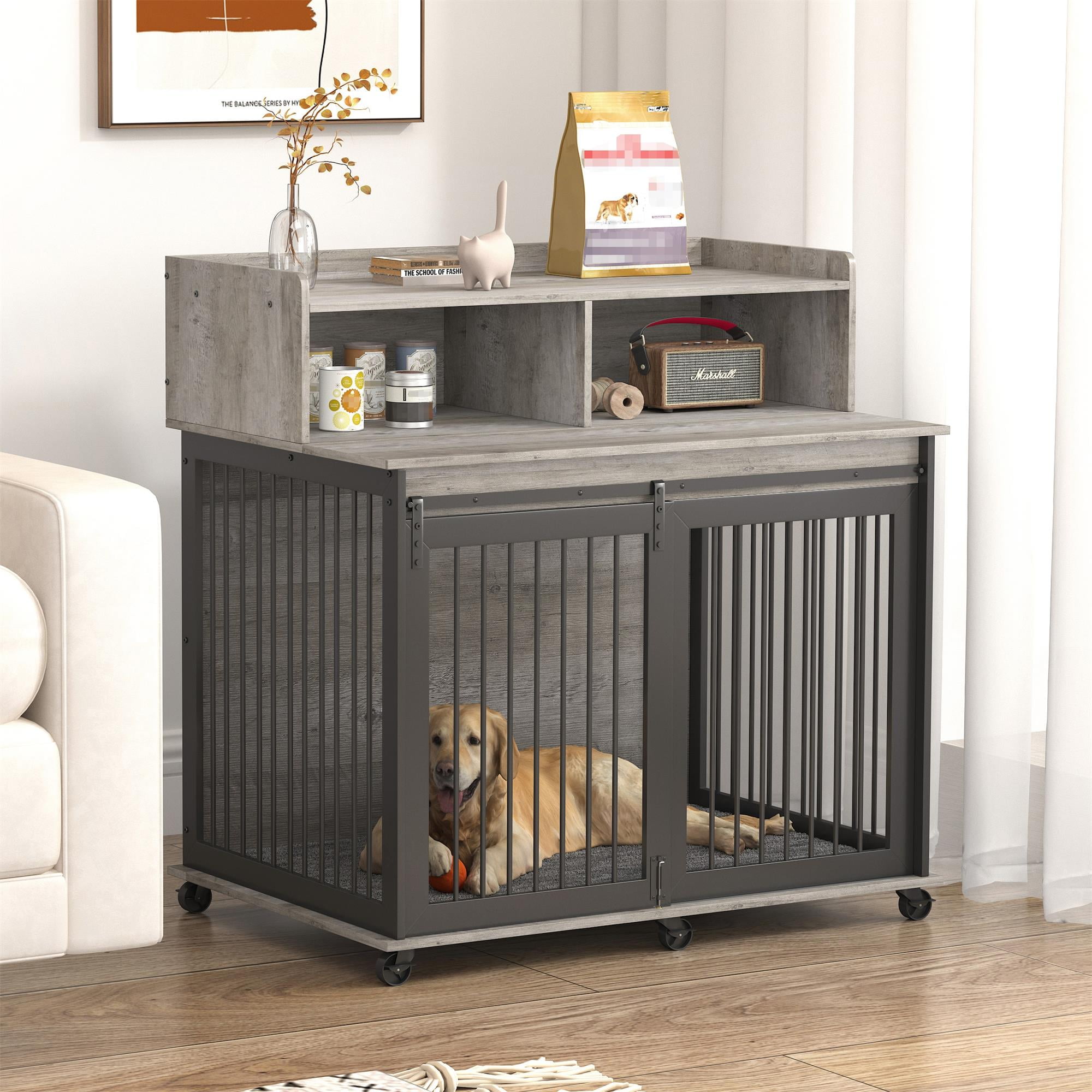 Pefilos 43" Heavy Duty Dog Crate with Cabinet, Furniture Style Dog Cage Sliding Frame Iron Door with Wheels, Mat, Dog House for Indoor Dogs, Gray Pefilos 43" Heavy Duty Dog Crate with Cabinet, Furniture Style Dog Cage Sliding Frame Iron Door with Wheels, Mat, Dog House for Indoor Dogs, Gray