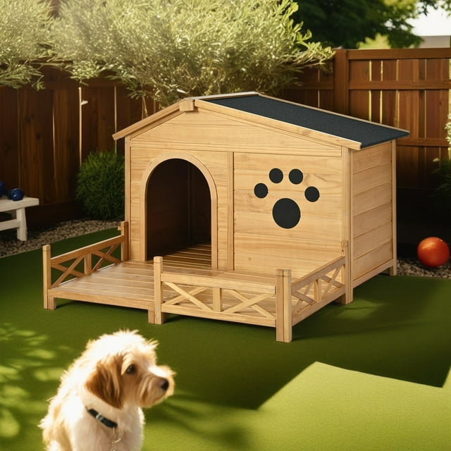Pefilos 48" Indoor and Outdoor Dog House with Porch, Weatherproof Pet Houses with Water-Resistant Asphalt Roof and Fencing, Elevated Floor Cat House with Paw Print, Beige Pefilos 48" Indoor and Outdoor Dog House with Porch, Weatherproof Pet Houses with Water-Resistant Asphalt Roof and Fencing, Elevated Floor Cat House with Paw Print, Beige