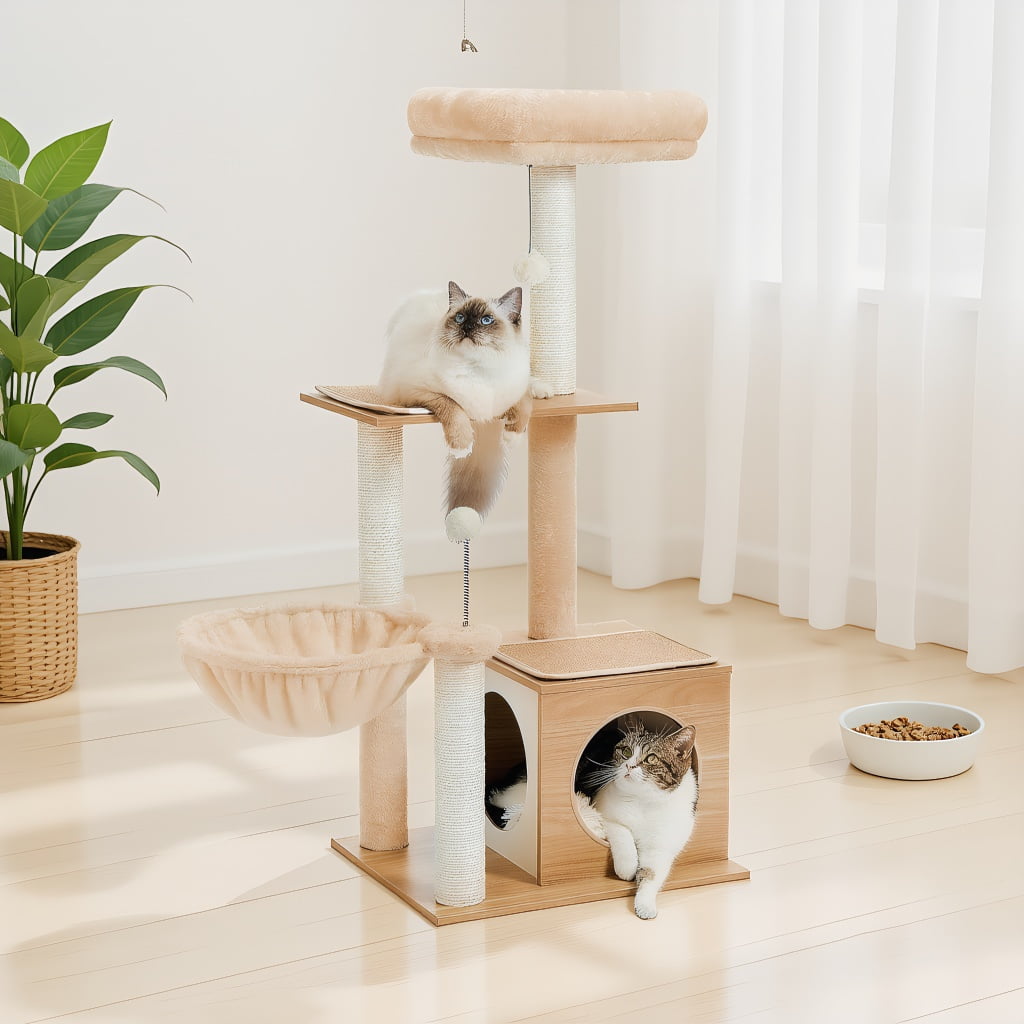 Pefilos 43" Modern Cat Tree for Indoor Cats,Multilevel Play House Cat Tower with Cat Condo, Scratching Post, Cozy Hammock and Plush Pompom, Beige