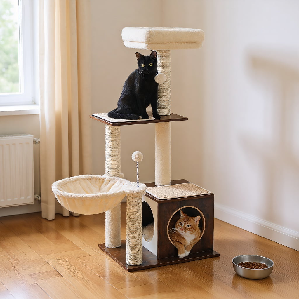 Pefilos 43" Modern Cat Tree for Indoor Cats,Multilevel Play House Cat Tower with Cat Condo, Scratching Post, Cozy Hammock and Plush Pompom, Brown