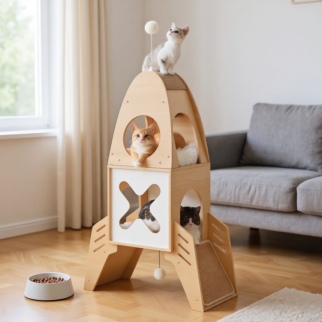 Pefilos 43" Multi-Level Cat Tower for Indoor, Cat Tree Rocket Shape Condo for Multiple Cats with 2 Condos, Dangling Balls, Attic Perch, Beige