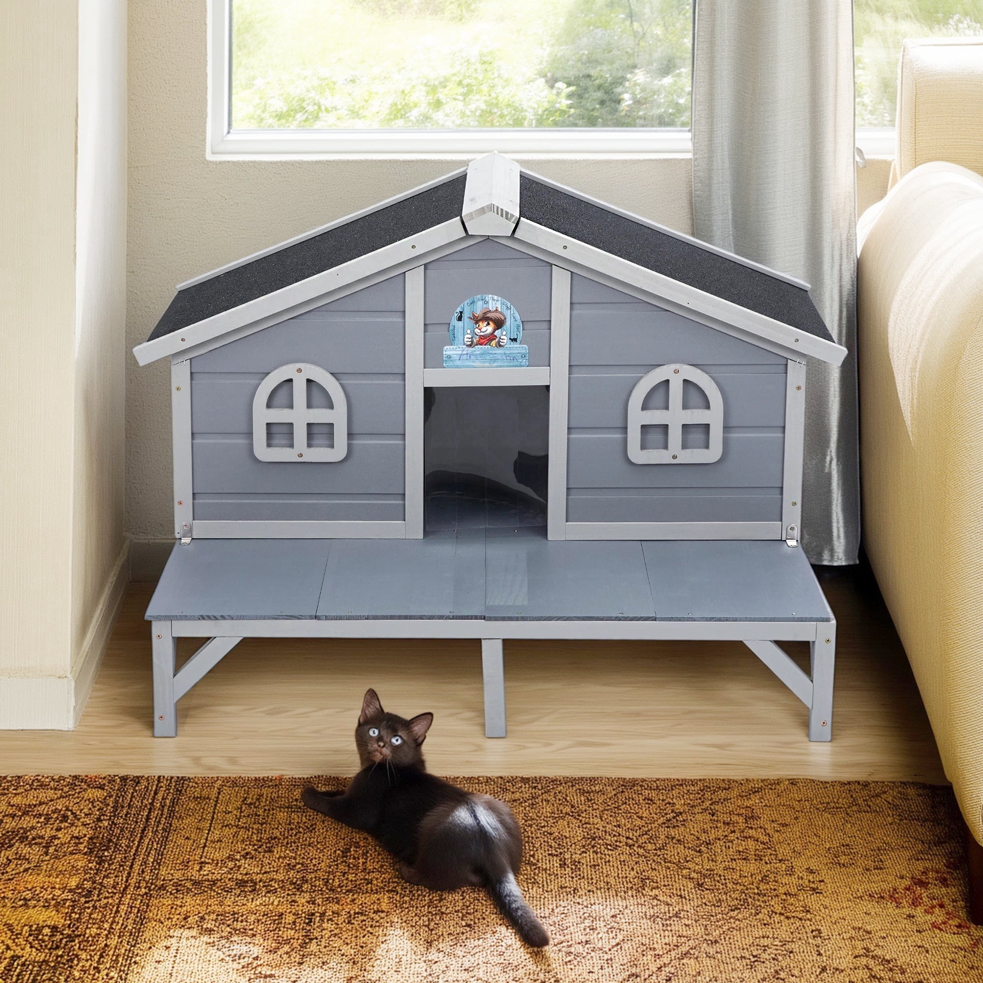 Pefilos 43" Outdoor Cat House for Cats, Wooden Cat Condo All Weather Weatherproof Cat Shelter with and Escape Door, Gray
