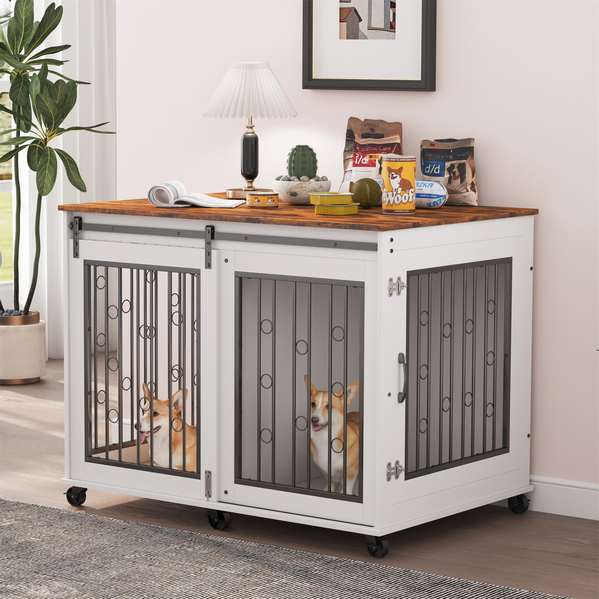 Pefilos 43" Sliding Door Dog Crate with Partition for Two Puppies, Furniture Style Dog Cage with Wheels, Brown Countertop Dog House Kennel for Indoor Dogs, White Pefilos 43" Sliding Door Dog Crate with Partition for Two Puppies, Furniture Style Dog Cage with Wheels, Brown Countertop Dog House Kennel for Indoor Dogs, White