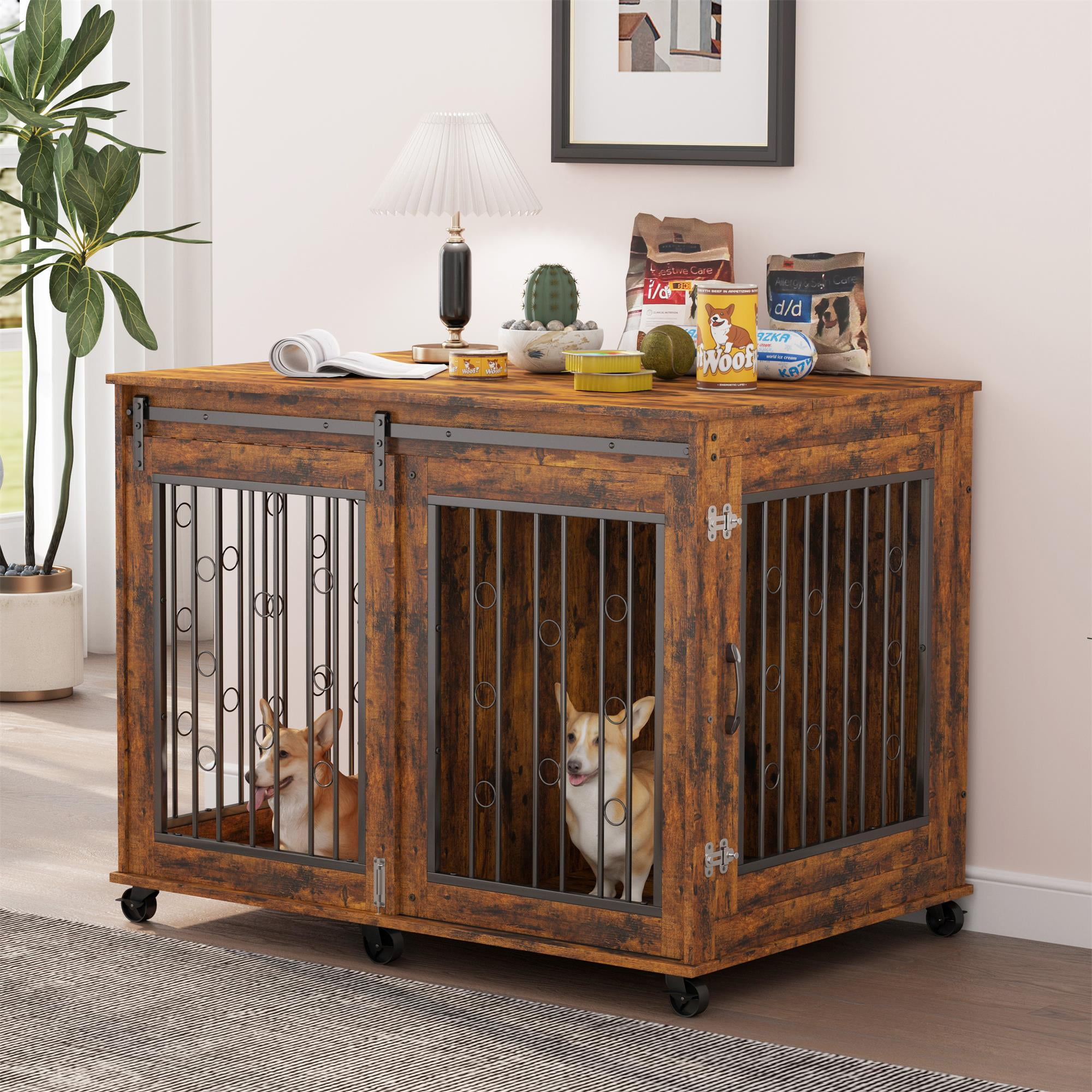 Pefilos 43" Sliding Door Dog Crate with Partition for Two Puppies, Furniture Style Dog Cage with Wheels, Dog House Kennel for Indoor Dogs, Brown Pefilos 43" Sliding Door Dog Crate with Partition for Two Puppies, Furniture Style Dog Cage with Wheels, Dog House Kennel for Indoor Dogs, Brown