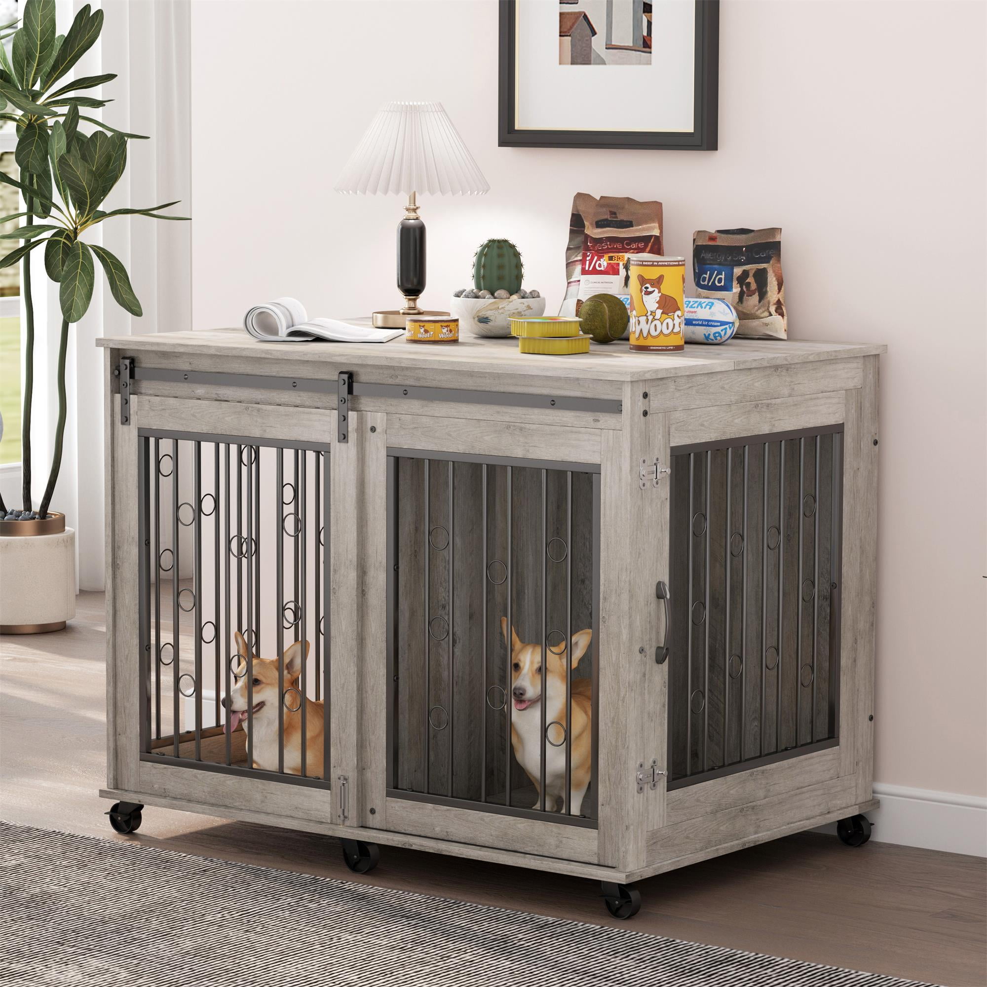 Pefilos 43" Sliding Door Dog Crate with Partition for Two Puppies, Furniture Style Dog Cage with Wheels, Dog House Kennel for Indoor Dogs, Gray Pefilos 43" Sliding Door Dog Crate with Partition for Two Puppies, Furniture Style Dog Cage with Wheels, Dog House Kennel for Indoor Dogs, Gray