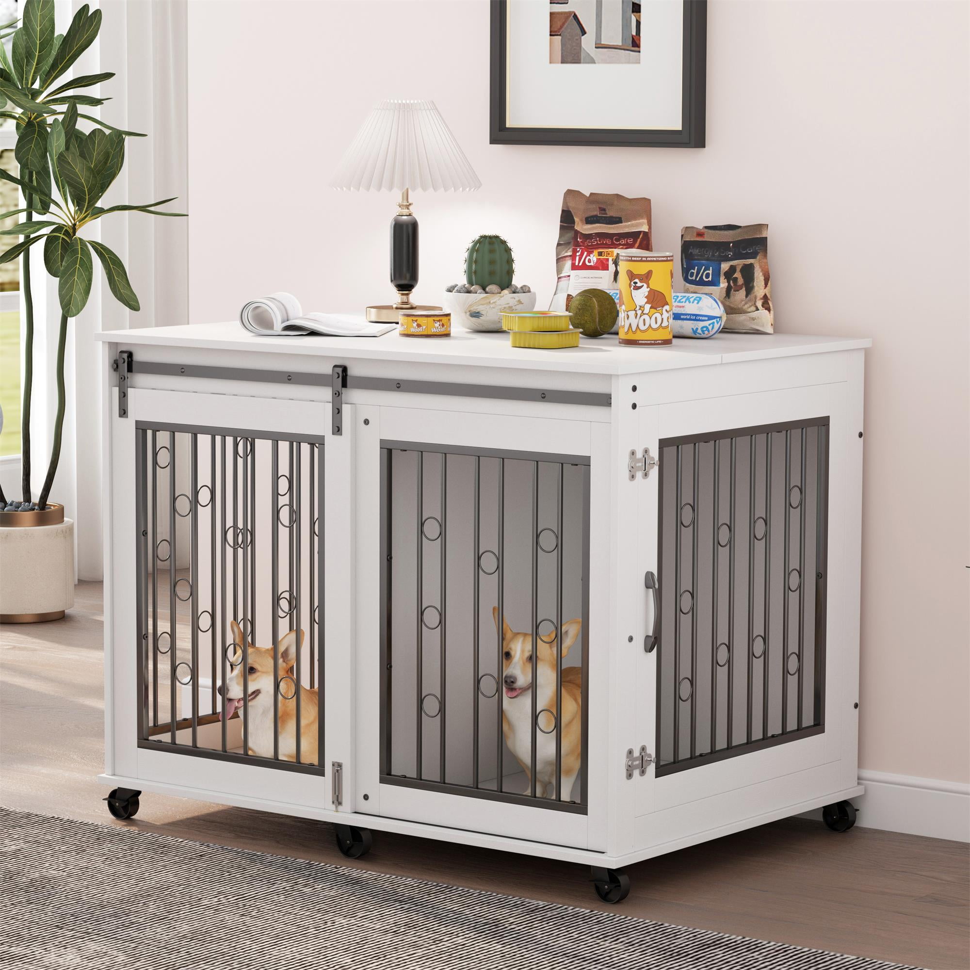 Pefilos 43" Sliding Door Dog Crate with Partition for Two Puppies, Furniture Style Dog Cage with Wheels, Dog House Kennel for Indoor Dogs, White Pefilos 43" Sliding Door Dog Crate with Partition for Two Puppies, Furniture Style Dog Cage with Wheels, Dog House Kennel for Indoor Dogs, White