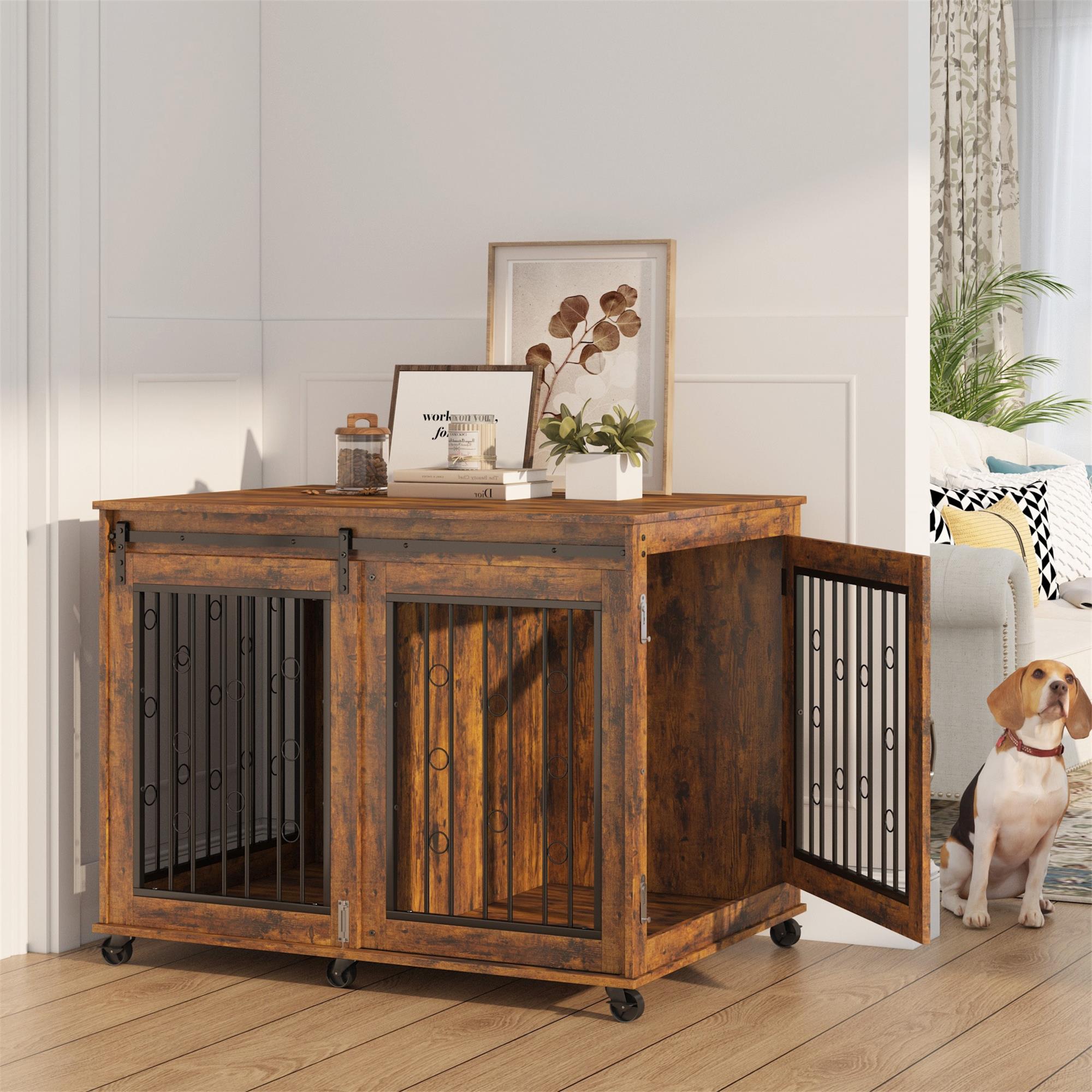 Pefilos 43" Sliding Door Dog Crate with Partition for Two Puppies, Furniture Style Dog Cage with Wheels, Indoor Kennel, Brown Pefilos 43" Sliding Door Dog Crate with Partition for Two Puppies, Furniture Style Dog Cage with Wheels, Indoor Kennel, Brown