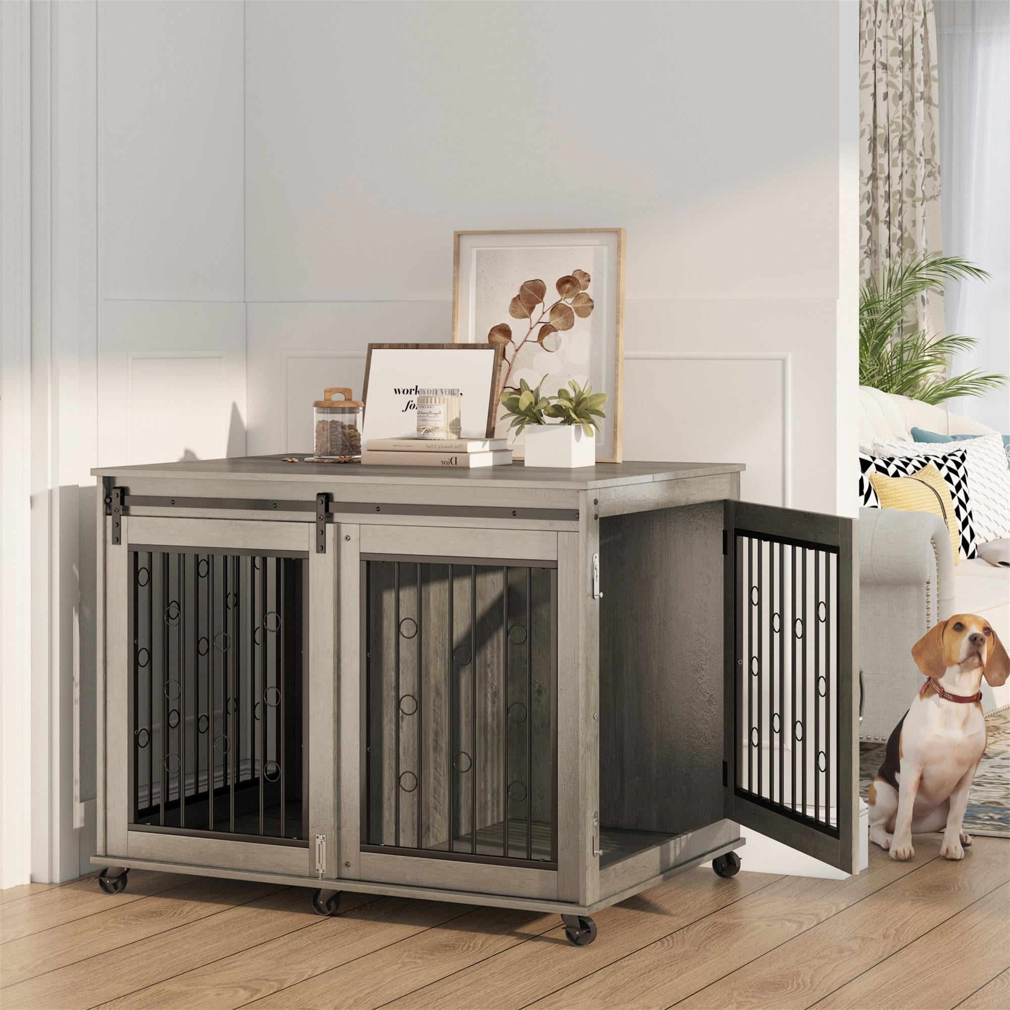 Pefilos 43" Sliding Door Dog Crate with Partition for Two Puppies, Furniture Style Dog Cage with Wheels, Indoor Kennel, Gray Pefilos 43" Sliding Door Dog Crate with Partition for Two Puppies, Furniture Style Dog Cage with Wheels, Indoor Kennel, Gray