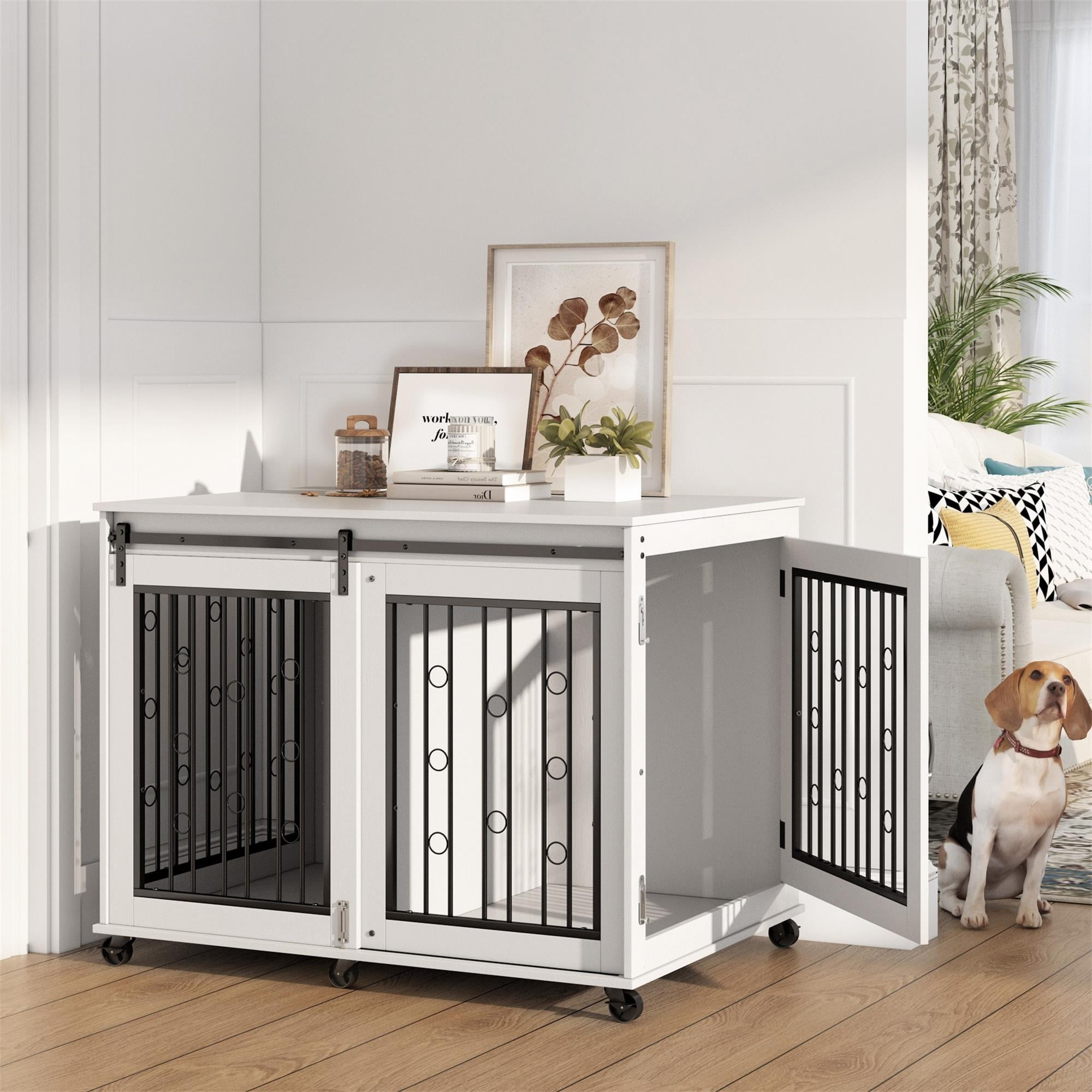 Pefilos 43" Sliding Door Dog Crate with Partition for Two Puppies, Furniture Style Dog Cage with Wheels, Indoor Kennel, White Pefilos 43" Sliding Door Dog Crate with Partition for Two Puppies, Furniture Style Dog Cage with Wheels, Indoor Kennel, White