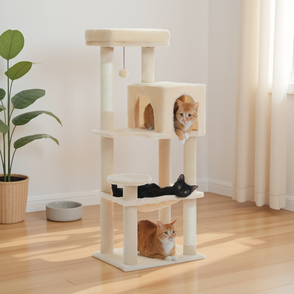 Pefilos 44" Cat Tree Tower for Indoor Cats, 5-Level Cat Condo with Large Hammock, Big Top Perch and 4 Sisal Covered Scratching Pos, Beige