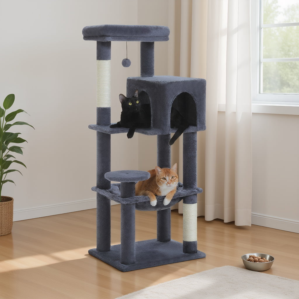 Pefilos 44" Cat Tree Tower for Indoor Cats, 5-Level Cat Condo with Large Hammock, Big Top Perch and 4 Sisal Covered Scratching Pos, Dark Gray