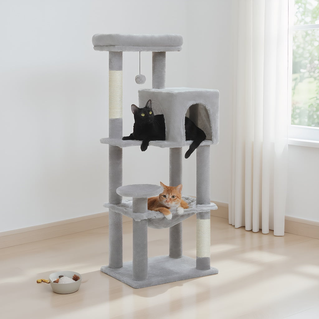 Pefilos 44" Cat Tree Tower for Indoor Cats, 5-Level Cat Condo with Large Hammock, Big Top Perch and 4 Sisal Covered Scratching Pos, Gray
