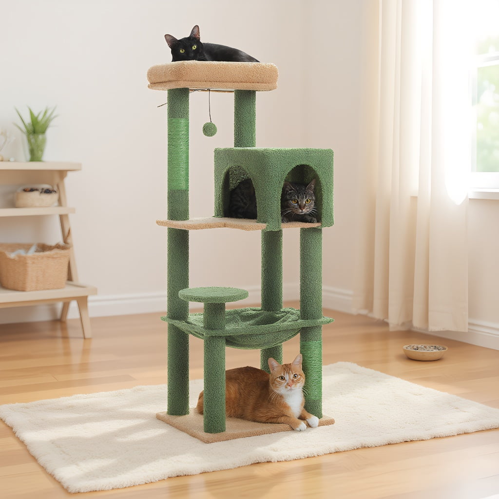 Pefilos 44" Cat Tree Tower for Indoor Cats, 5-Level Cat Condo with Large Hammock, Big Top Perch and 4 Sisal Covered Scratching Pos, Green