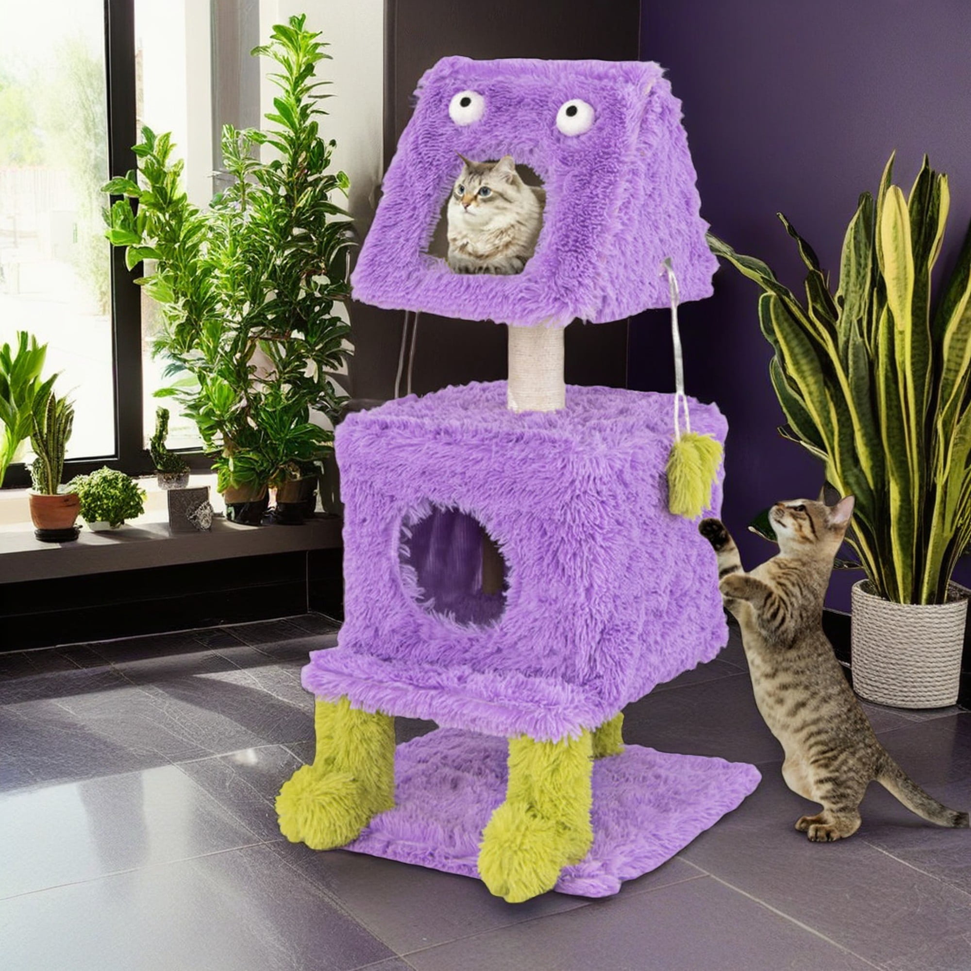 Pefilos 44" Cute Monster-Themed Cat Tree Tower with 2 Private Cat Condos for Small Place, Purple Pefilos 44" Cute Monster-Themed Cat Tree Tower with 2 Private Cat Condos for Small Place, Purple