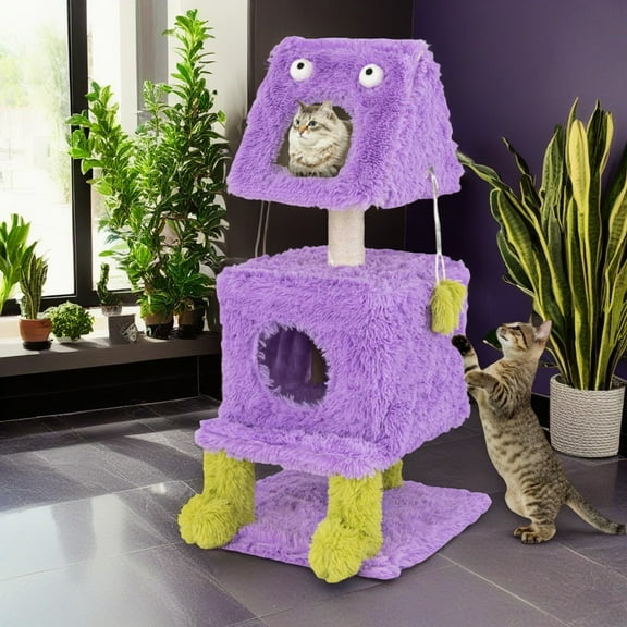 Pefilos 44" Cute Monster-Themed Cat Tree Tower with 2 Private Cat Condos for Small Place, Purple