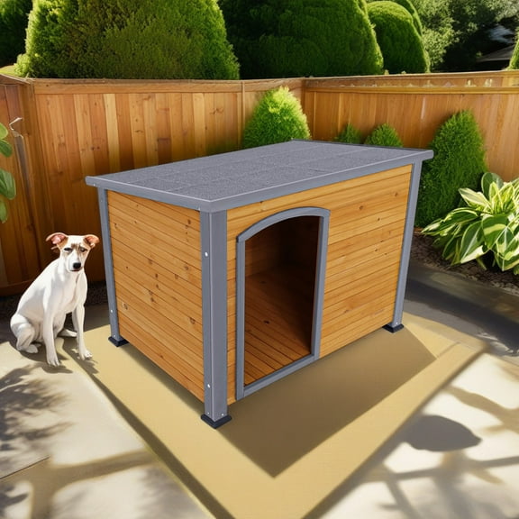Pefilos 44" Indoor and Outdoor Dog House for Pets with Raised Feet, Weatherproof Precise Log Cabin for Large Dogs,  Brown