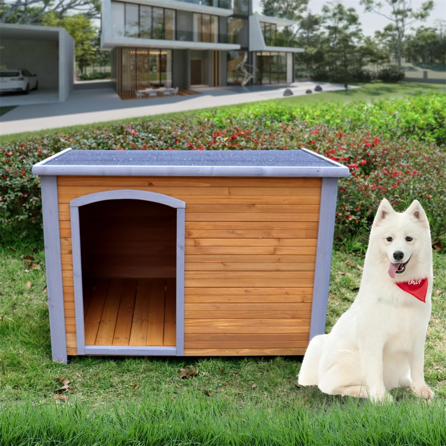 Pefilos 44" Indoor and Outdoor Dog House for Pets with Raised Feet, Weatherproof Precise Log Cabin for Large Dogs, Brown Pefilos 44" Indoor and Outdoor Dog House for Pets with Raised Feet, Weatherproof Precise Log Cabin for Large Dogs, Brown