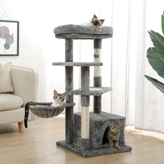 Pefilos 44" Multi-Level Modern Cat Tower for Indoor Cats with Scratching Post, Cozy Condo, Top Perch, Hammock and Dangling Ball For Small to Medium Cat Tree Tower for Adult Cats, Gray