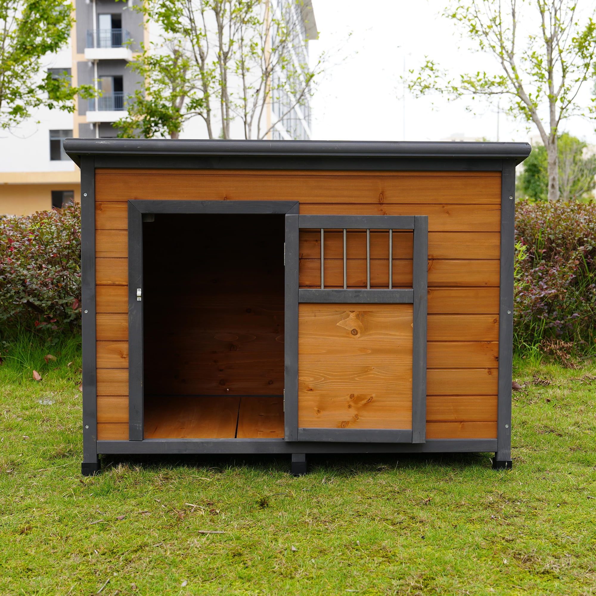 Pefilos 44" Outdoor Dog House with Waterproof PVC Plastic Roof, Indoor Wood Cat Houses Pet House with Breathable Doors, Brown Pefilos 44" Outdoor Dog House with Waterproof PVC Plastic Roof, Indoor Wood Cat Houses Pet House with Breathable Doors, Brown
