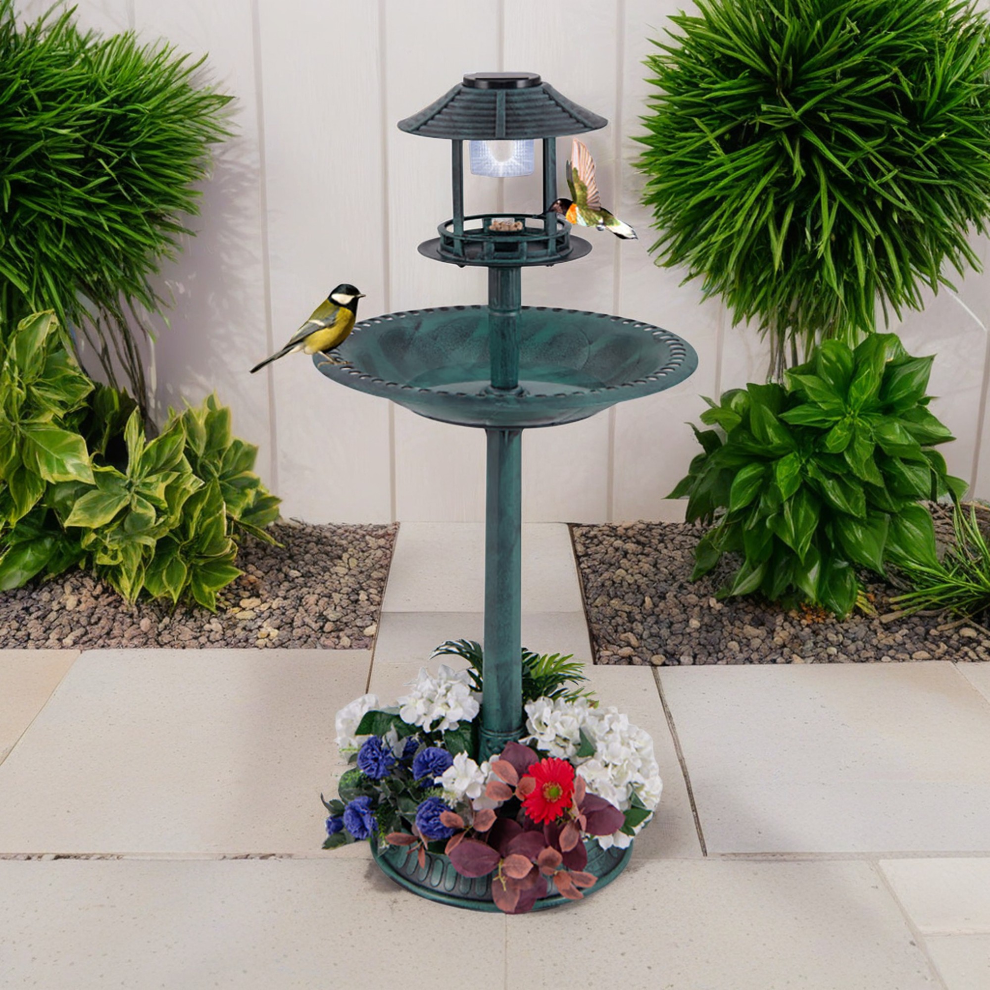 Pefilos 42" Outdoor Garden Bird Bath with Solar Light, Weather Resistant Pedestal, Backyard Bird Feeder and Flower Planter, Green