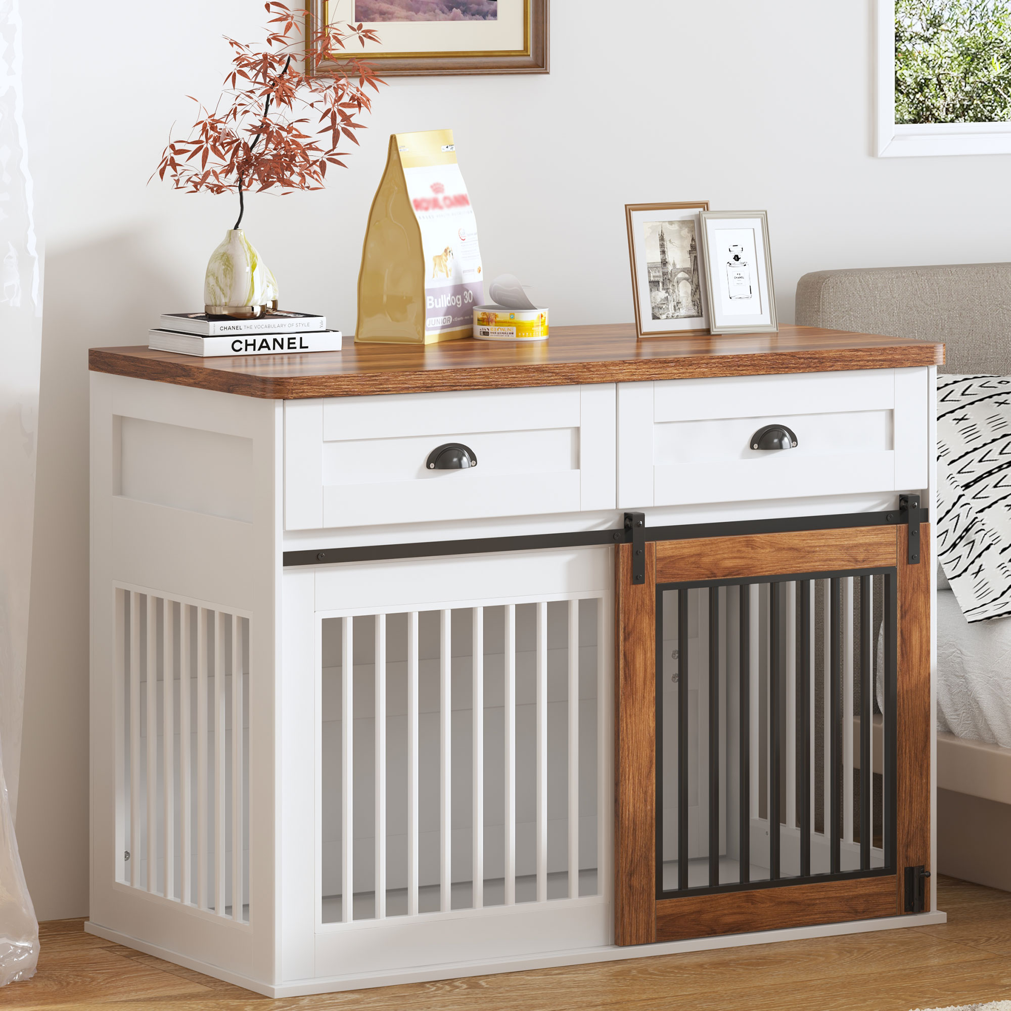 Pefilos 44" Sliding Door Dog Crate with Drawers, Furniture Style Double Door Dog Cage, Brown Countertop Indoor Kennel, White Pefilos 44" Sliding Door Dog Crate with Drawers, Furniture Style Double Door Dog Cage, Brown Countertop Indoor Kennel, White