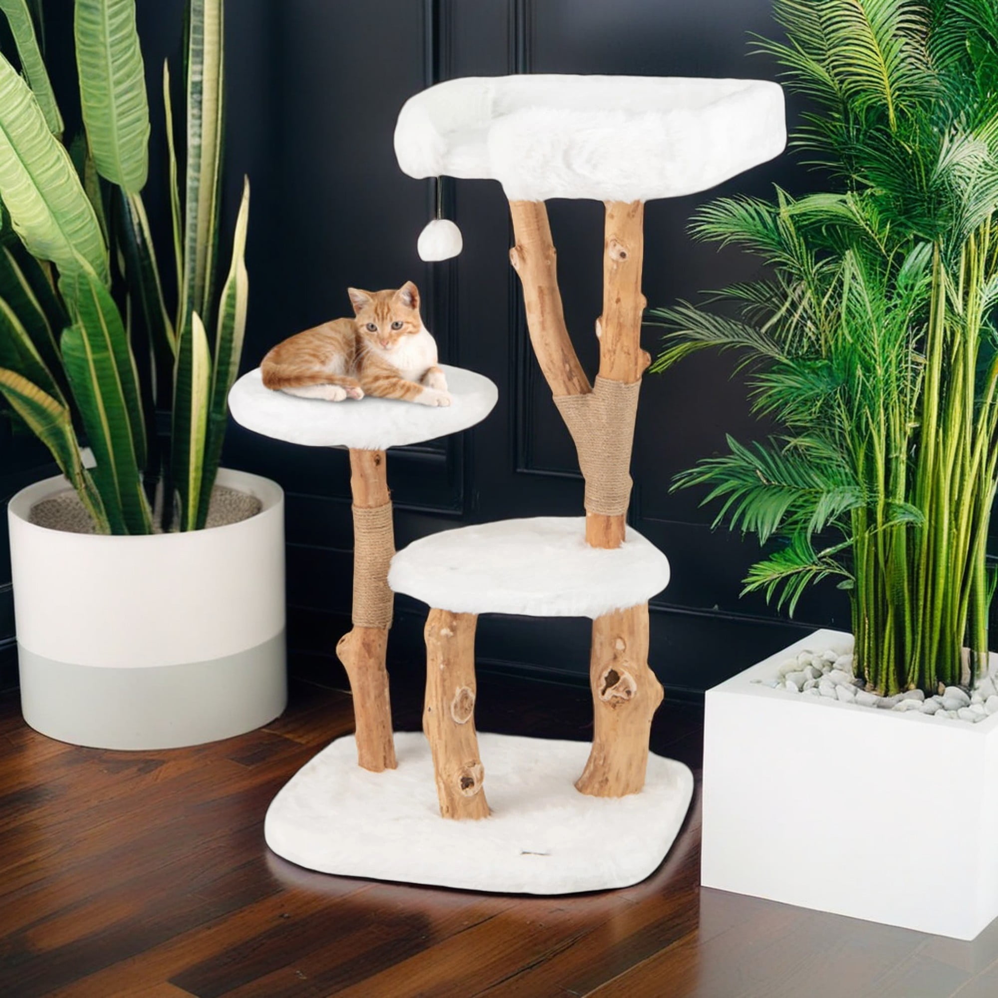 Pefilos 44" Solid Wood Cat Tree Tower for Indoor, Modern Cat Condo with Scratching Post, Cat Climbing Tree House Furniture, White Pefilos 44" Solid Wood Cat Tree Tower for Indoor, Modern Cat Condo with Scratching Post, Cat Climbing Tree House Furniture, White