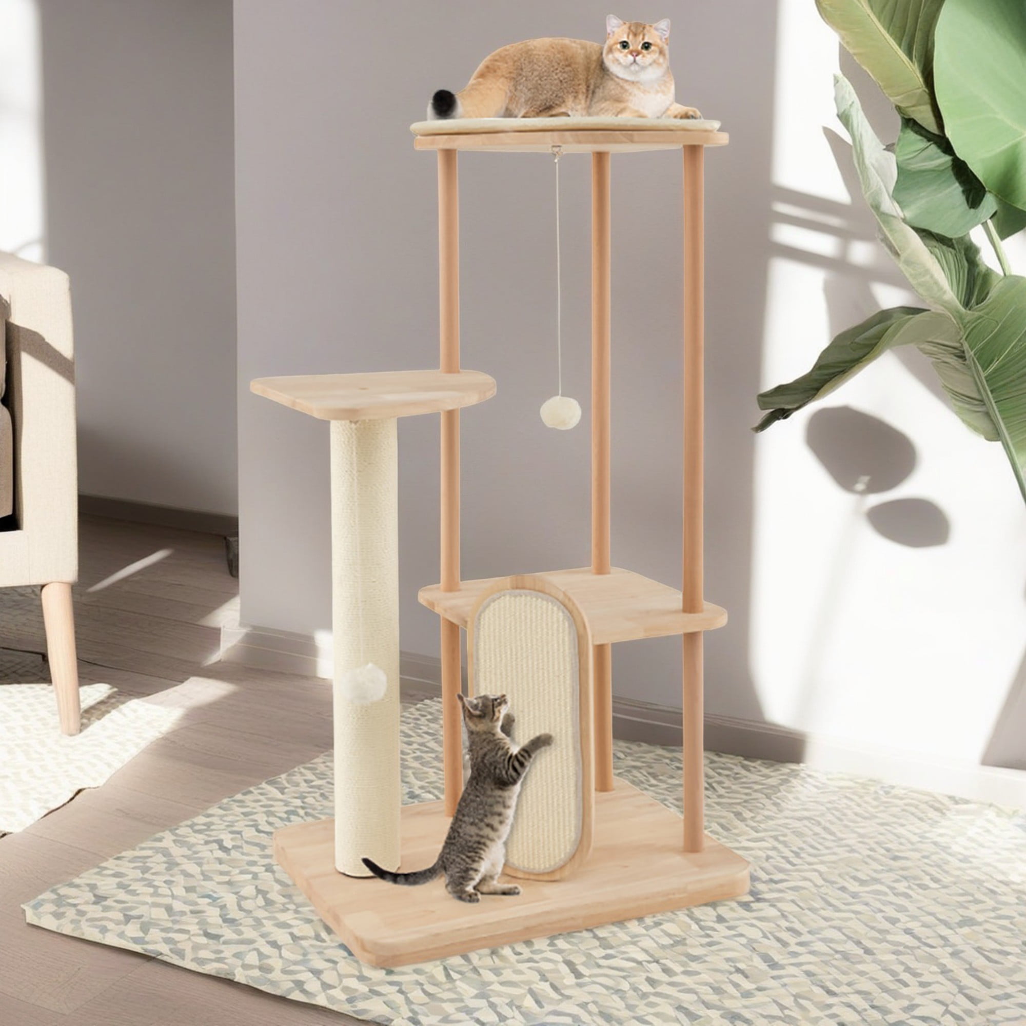 Pefilos 44" Wood Cat Tree Tower for Indoor Cats, Multi-Level Cat Condo with Scratching Board and Posts, Removable Soft Mat, Beige Pefilos 44" Wood Cat Tree Tower for Indoor Cats, Multi-Level Cat Condo with Scratching Board and Posts, Removable Soft Mat, Beige
