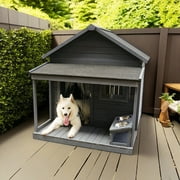 Pefilos 44 Wooden Dog House Outdoor Large Dog Kennel Weatherproof with Cleaning Mat, Terrace for Small to Medium Dogs, Gray
