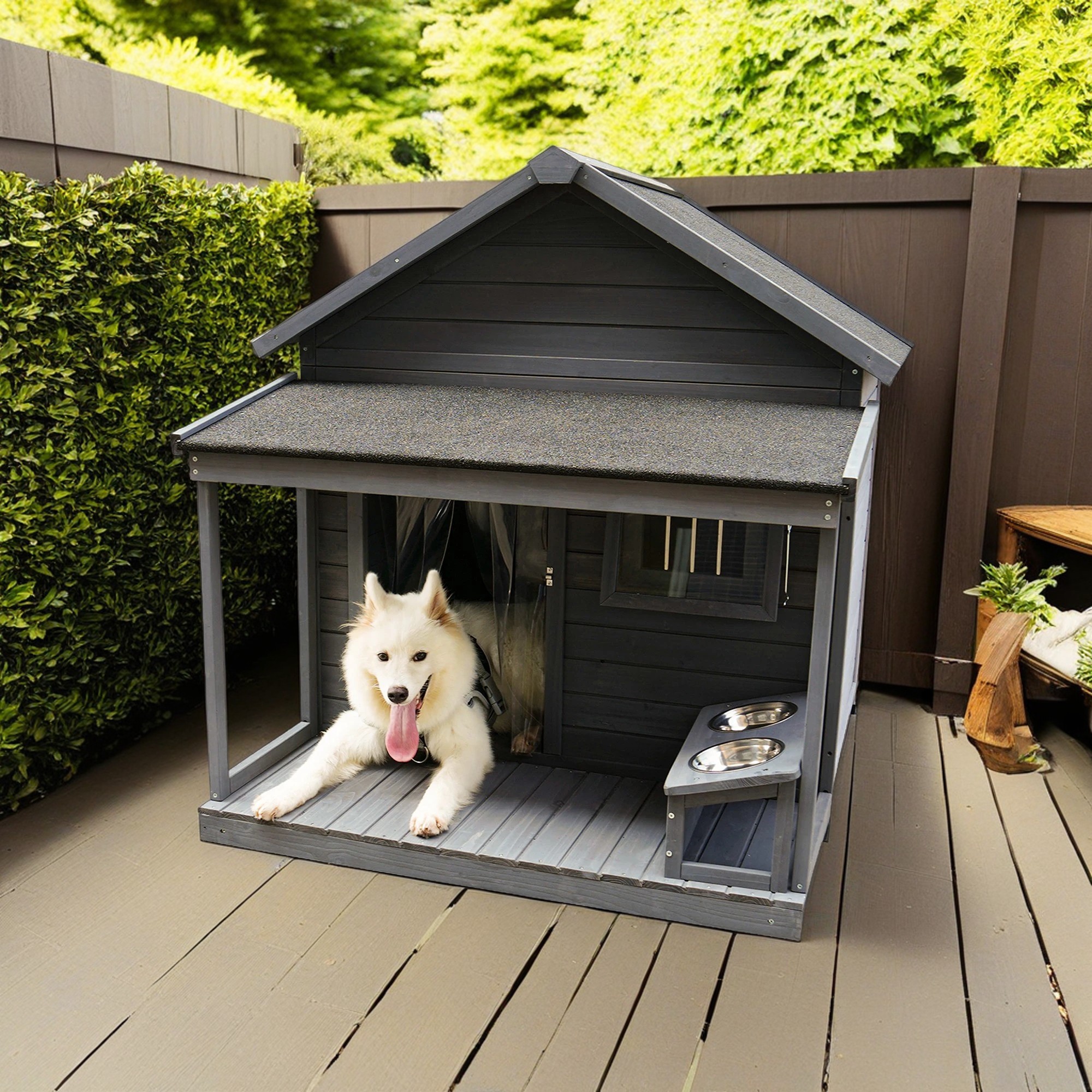 Pefilos 44" Wooden Dog House Outdoor Large Dog Kennel Weatherproof with Cleaning Mat, Terrace for Small to Medium Dogs, Gray Pefilos 44" Wooden Dog House Outdoor Large Dog Kennel Weatherproof with Cleaning Mat, Terrace for Small to Medium Dogs, Gray